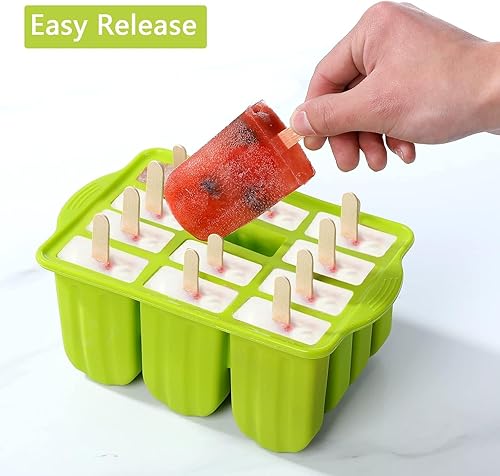 Miniatura 4 de Juego de moldes para paletas de 12 cavidades, molde casero para hacer paletas de hielo, moldes de silicona para congelar con 50 palitos de paleta,