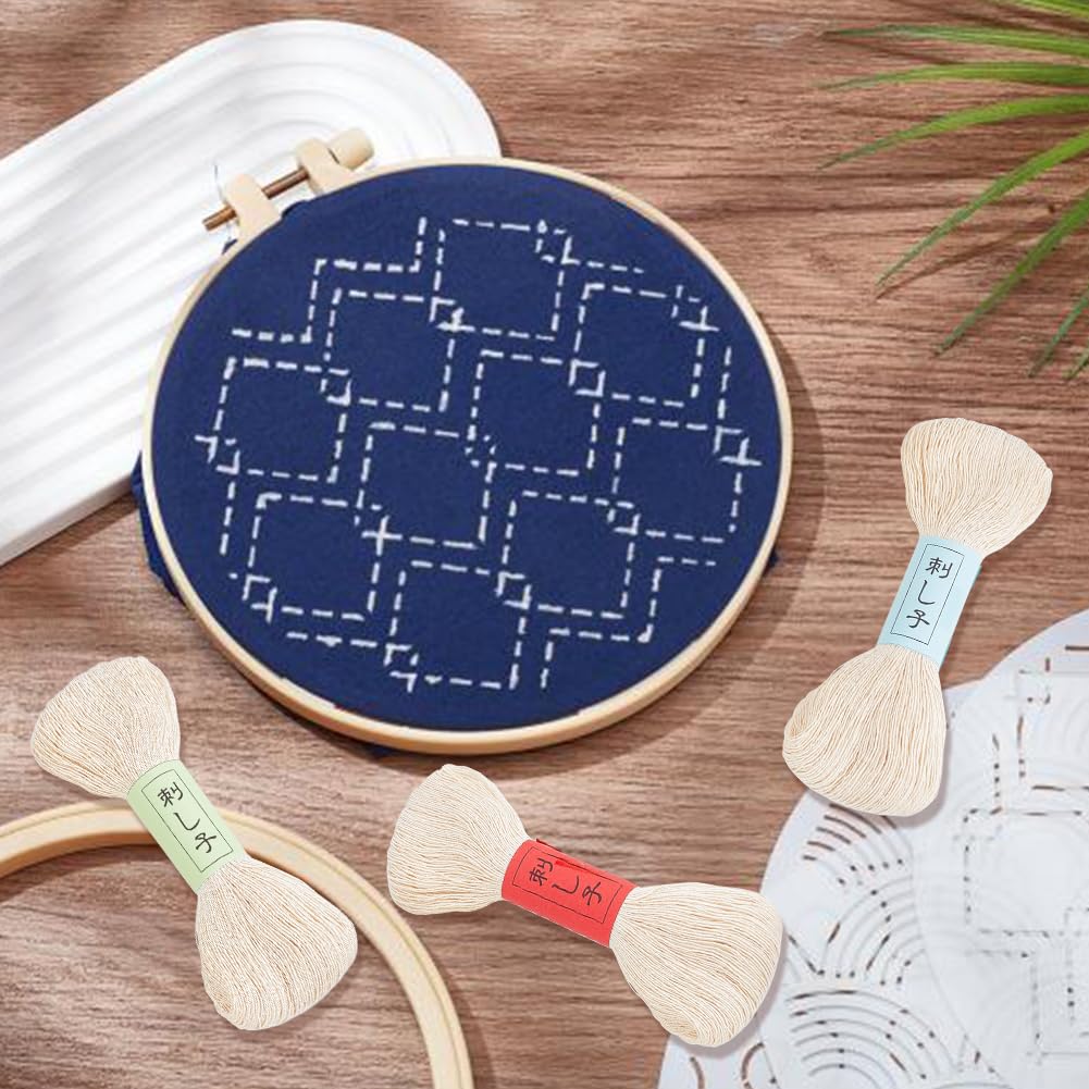 FREEBLOSS Filo Sashiko da 300 m, 3 matasse, 100% cotone, per trapuntatura e ricamo giapponese, per cucire a mano, filo spesso per ricamo giapponese, filo da ricamo