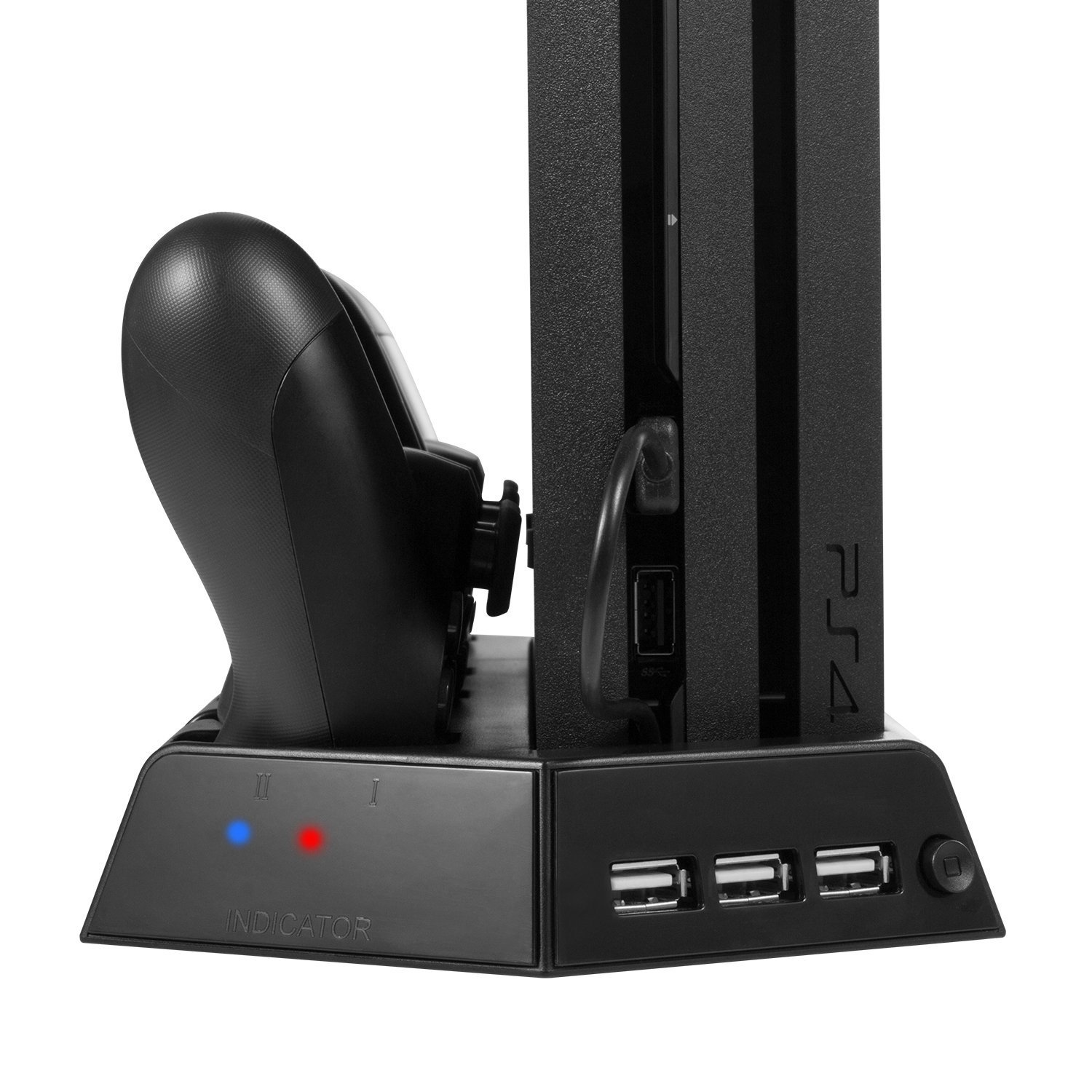 PS4 Slim Vertical Stand Controller Charger with Cooling fan, PlayStation 4 Slim Charging Station with Dual Charger, PS4 Slim Cooler with USB HUB - Black