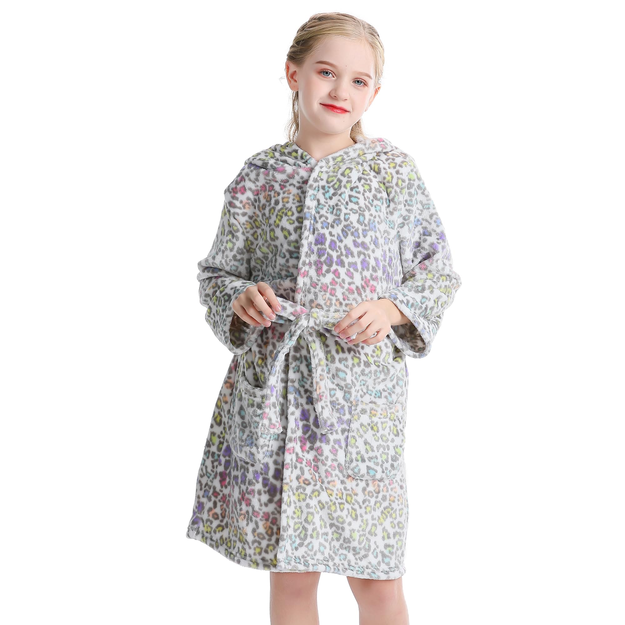 V.&GRIN Girls Fleece Robe, Plush Hooded Soft Fuzzy Warm Fluffy Bathrobe for Kids 5-14 Years