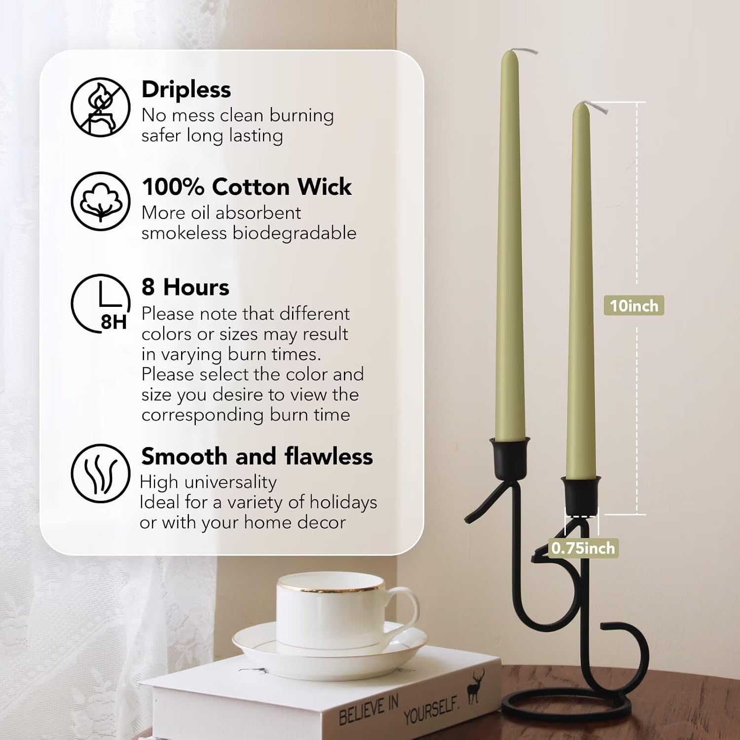 10-Inch Tall Unscented Dripless Taper Candles Bulk 30 Pack - Sage Green Taper Candles Bulk - Smokeless, 6-8 Hour Long Burning - Colored Candlesticks Bulk - Sage Green