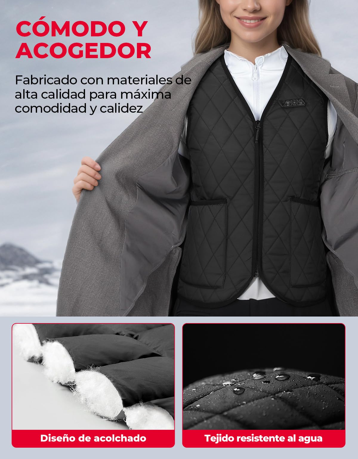 KEMIMOTO Chaleco Calefactable Mujer, Control Dual con 8 Zonas de Calor, Chalecos Térmico Inteligente Diseño Cuello en V, 3 Niveles de Calor
