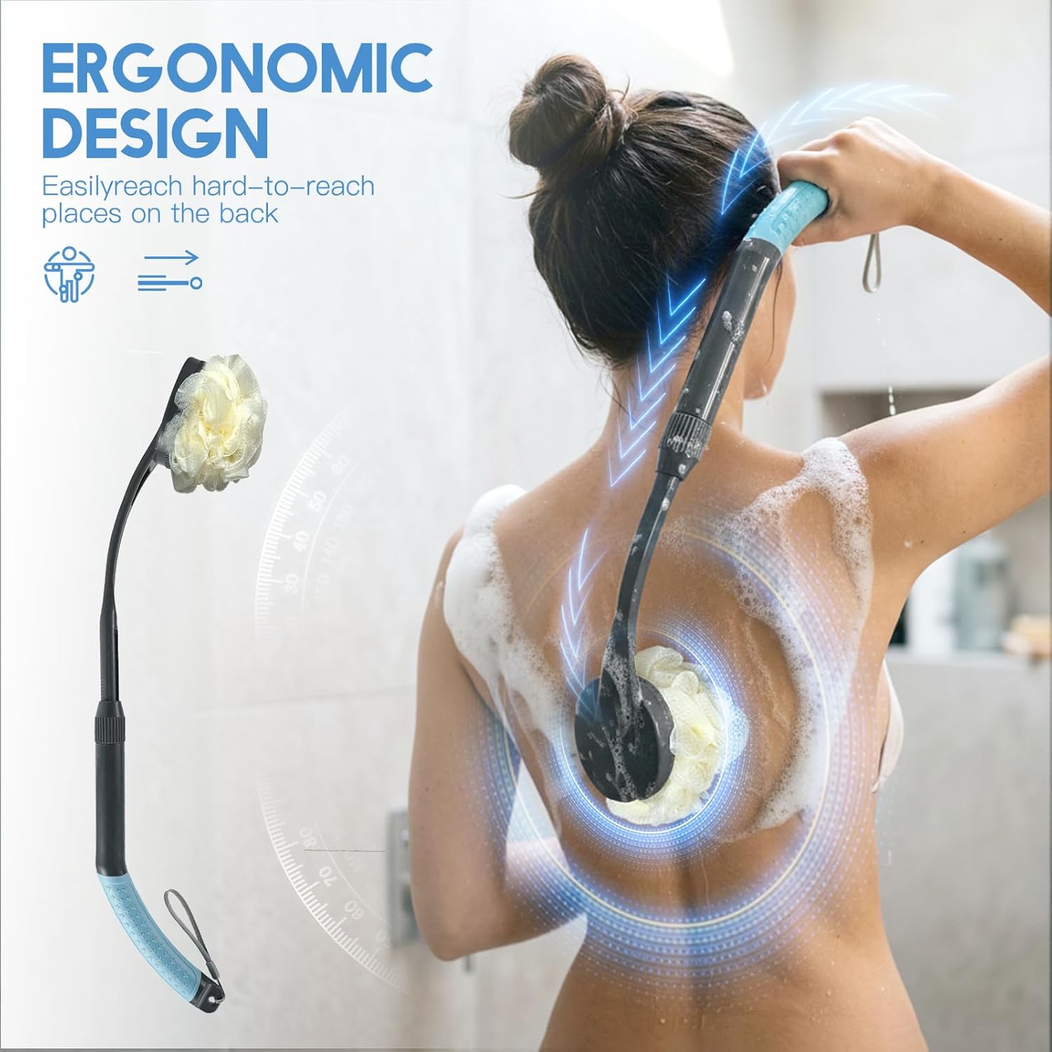 Gobiteli Loofah with Handle,Adjustable Long Handle Exfoliating Back Loofah for Deep Cleaning, Loofah Stick for Men Women