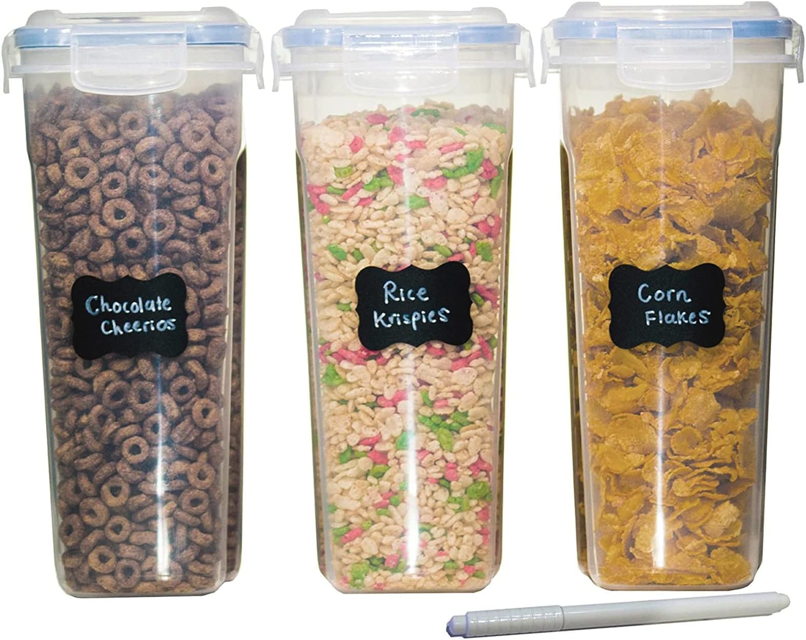 Cereal Storage Container Set, BPA Free Plastic Airtight Food Storage Containers 135.2 oz for Cereal, Snacks and Sugar, 3 Piece Set Cereal Dispensers with 16 Chalkboard Labels, blue
