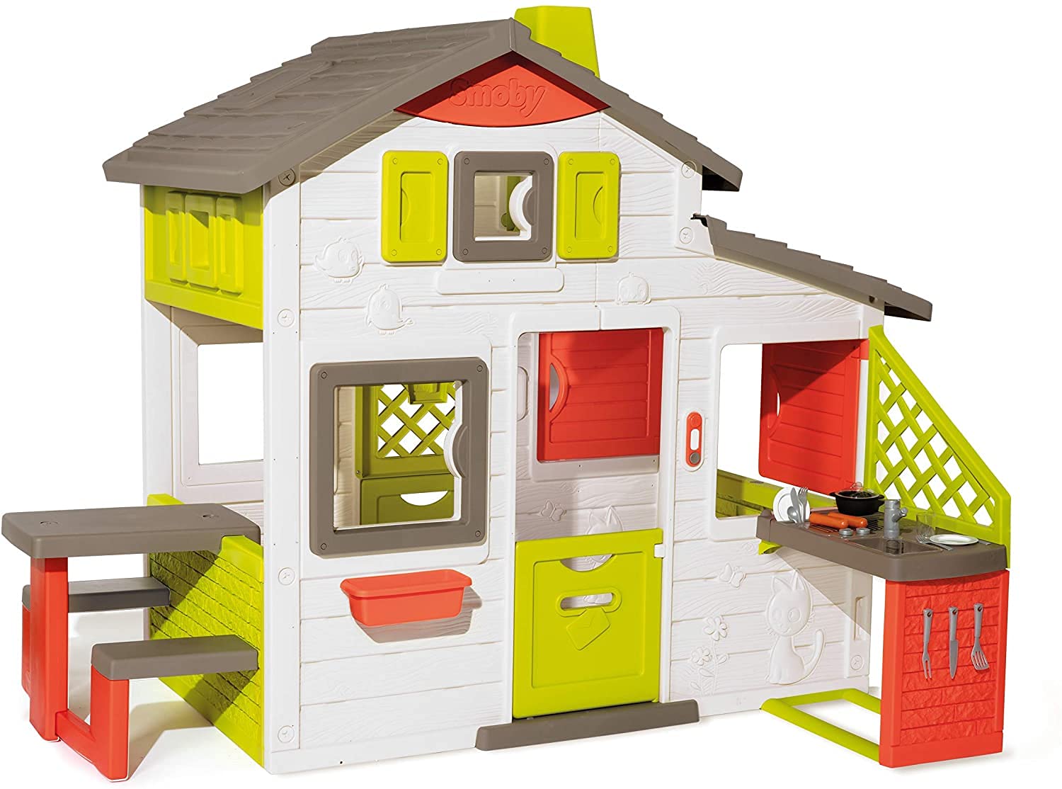 Smoby- Casita Infantil Neo Friends House Con Cocina, 1,72m de Alto, 2 Puertas de Entrada, Timbre Electrónico, Mesita Exterior, Posibilidad de Añadir Múltiples Accesorios, Para Niños a Partir de 3 Años