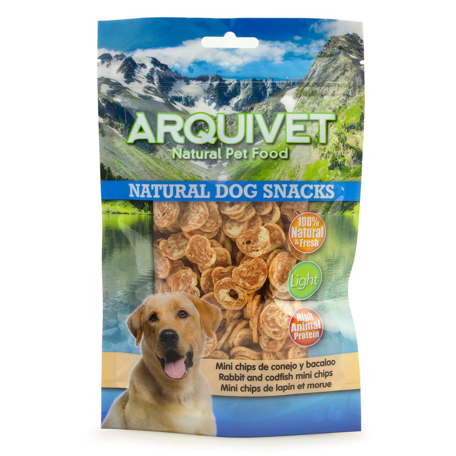 Arquivet Pack 12 Unidades Snack Chips de Conejo y Bacalao 100 gr - Natural Dog Snacks - 100% Natural - Chuches, premios, golosinas para Perros - Producto Light - Muy Rico en nutrientes