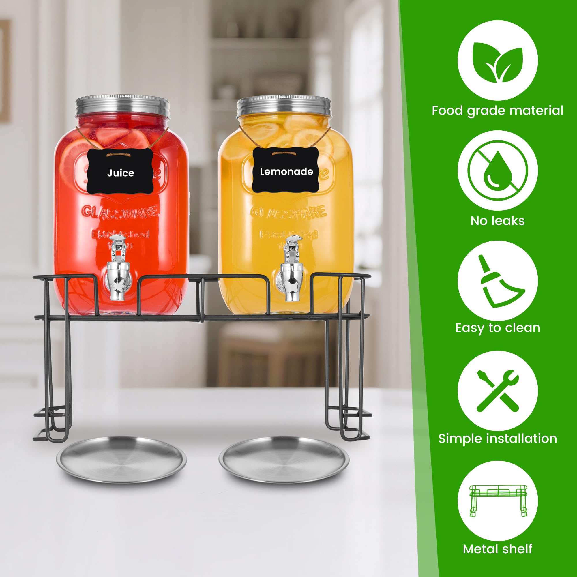 Paquete de 2 dispensadores de bebidas de vidrio de 1 galón para fiestas, dispensador de bebidas, dispensador de bebidas de vidrio con soporte y espiga (espiga de plástico)
