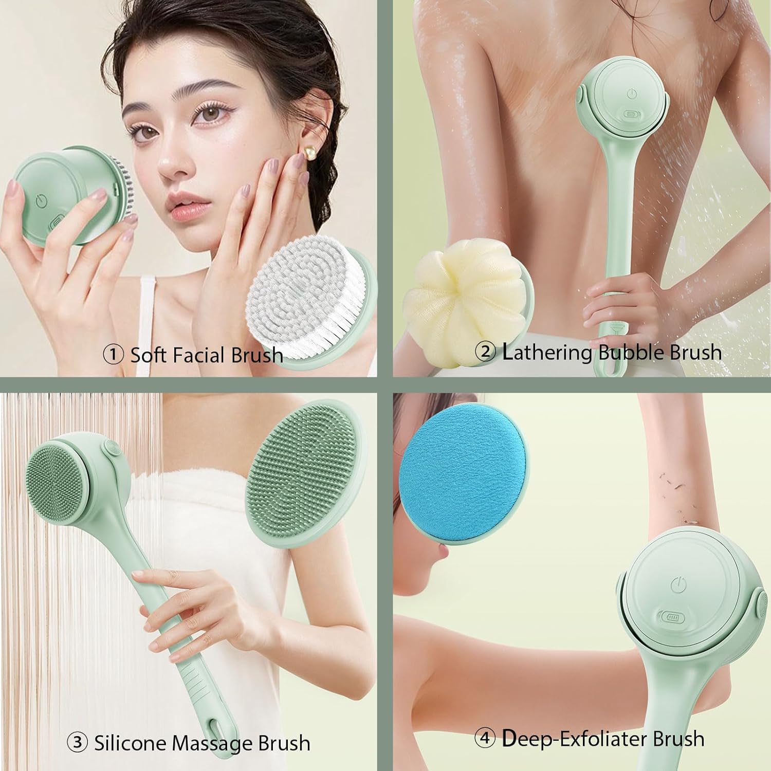 Electric Body Brush, 4 in 1 Back Scrubber for Shower, Detachable Bath Brushes with Long Single Dual Handle, 2-Speed Rotating Body Brushes for Exfoliating and Massaging, Waterproof Bath Brush (Green) - Image 2