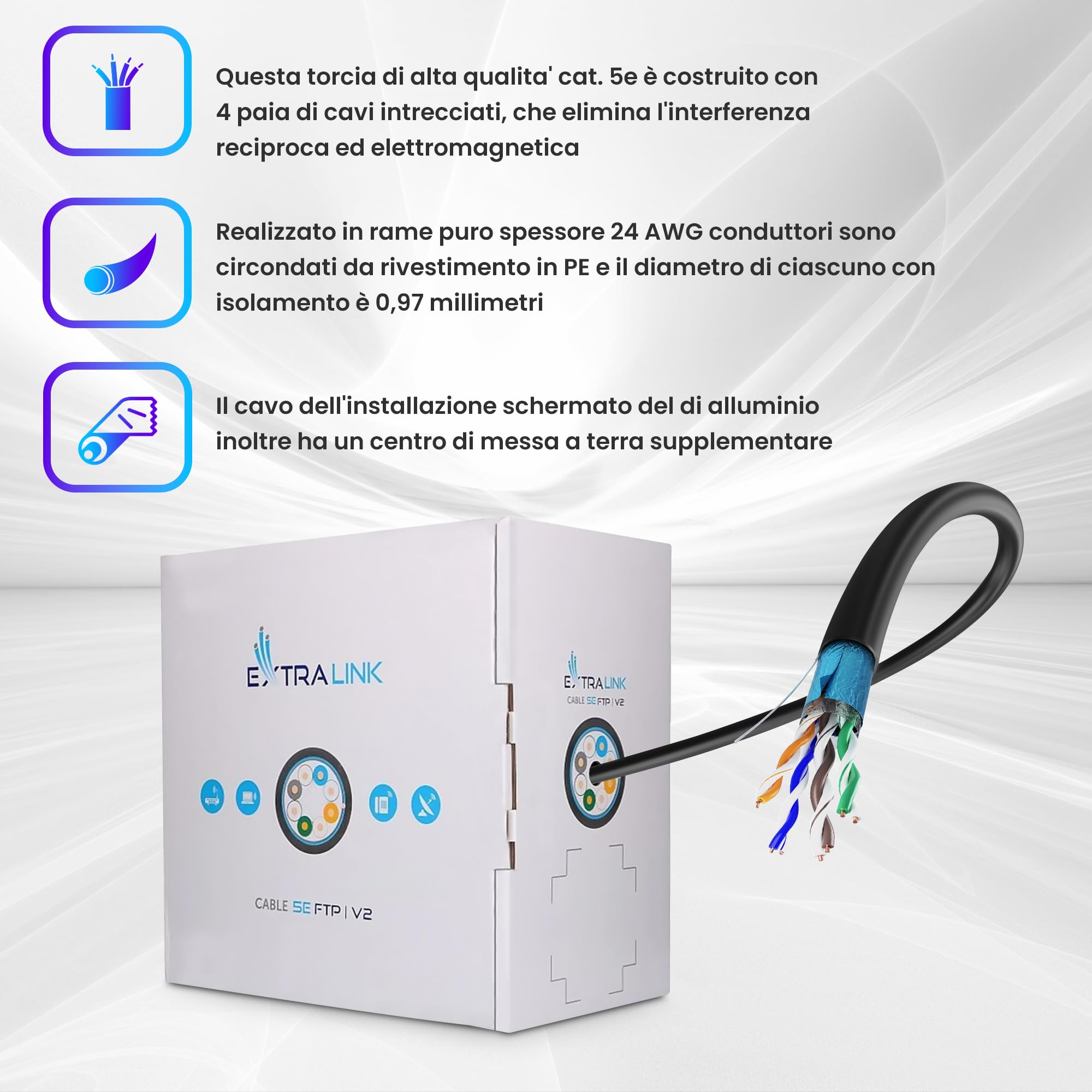 EXTRALINK Cavo Ethernet Esterno 305m CAT5e LAN F/UTP Schermato – 100% Rame Puro, Compatibile PoE, Guaina PE Resistente ai Raggi UV, Impermeabile e Durevole per Esterni