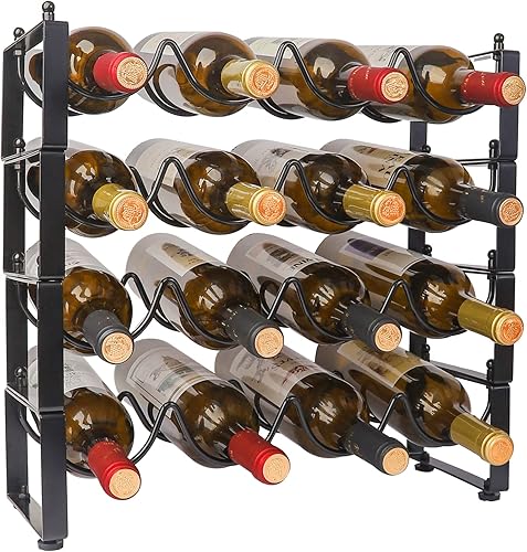 TONLEA Soporte para botellas de vino de 4 niveles, 16 botellas de almacenamiento de vino, estante apilable, estante de almacenamiento de vino para