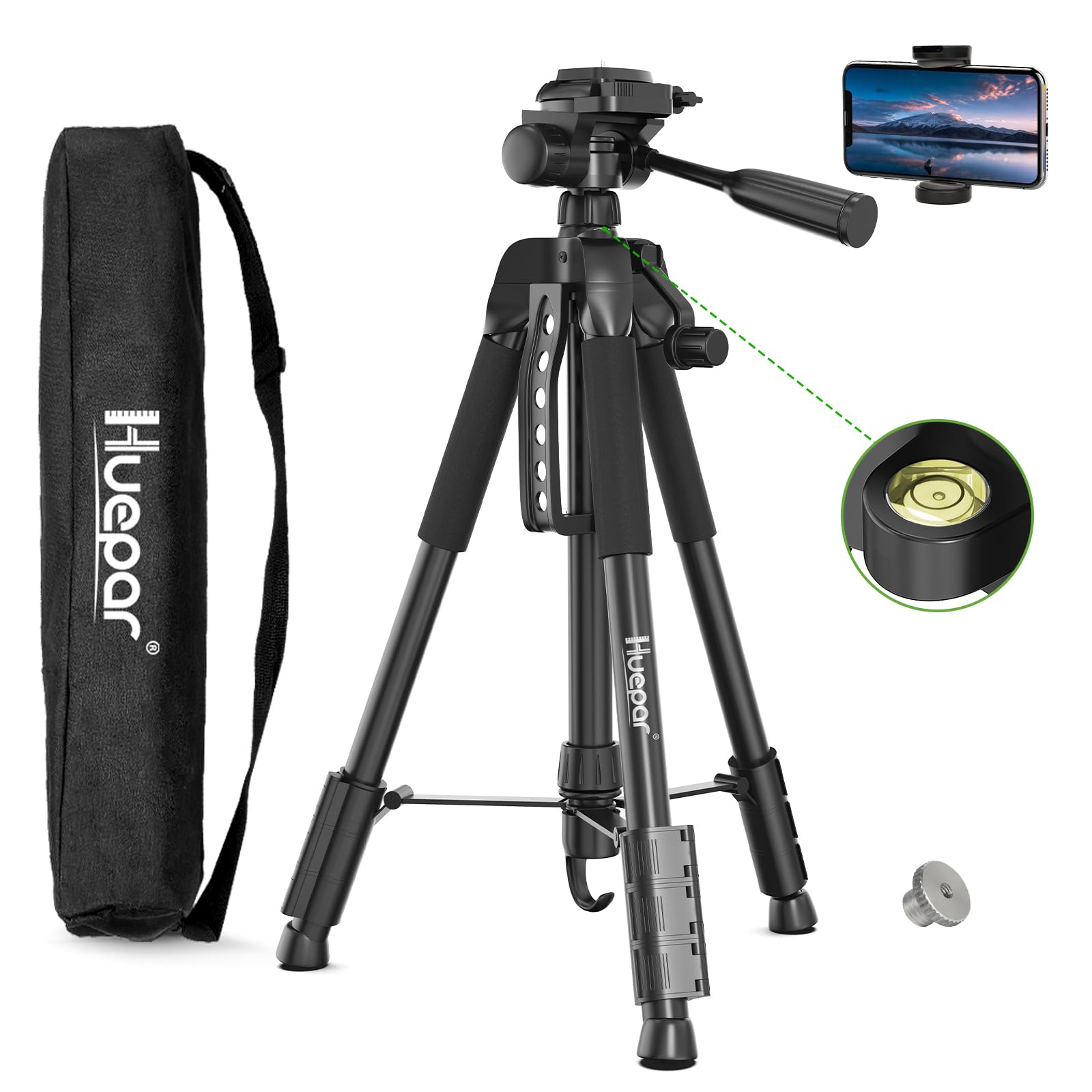 Huepar TPD14A1 150cm Trépied Réglable Portable pour Niveau Laser, avec Tête Panoramique Flexible 3-Voies et Niveau à Bulle,Support pour téléphone avec Vis 1/4"-20 et Écrou d'adaptation 5/8"-11