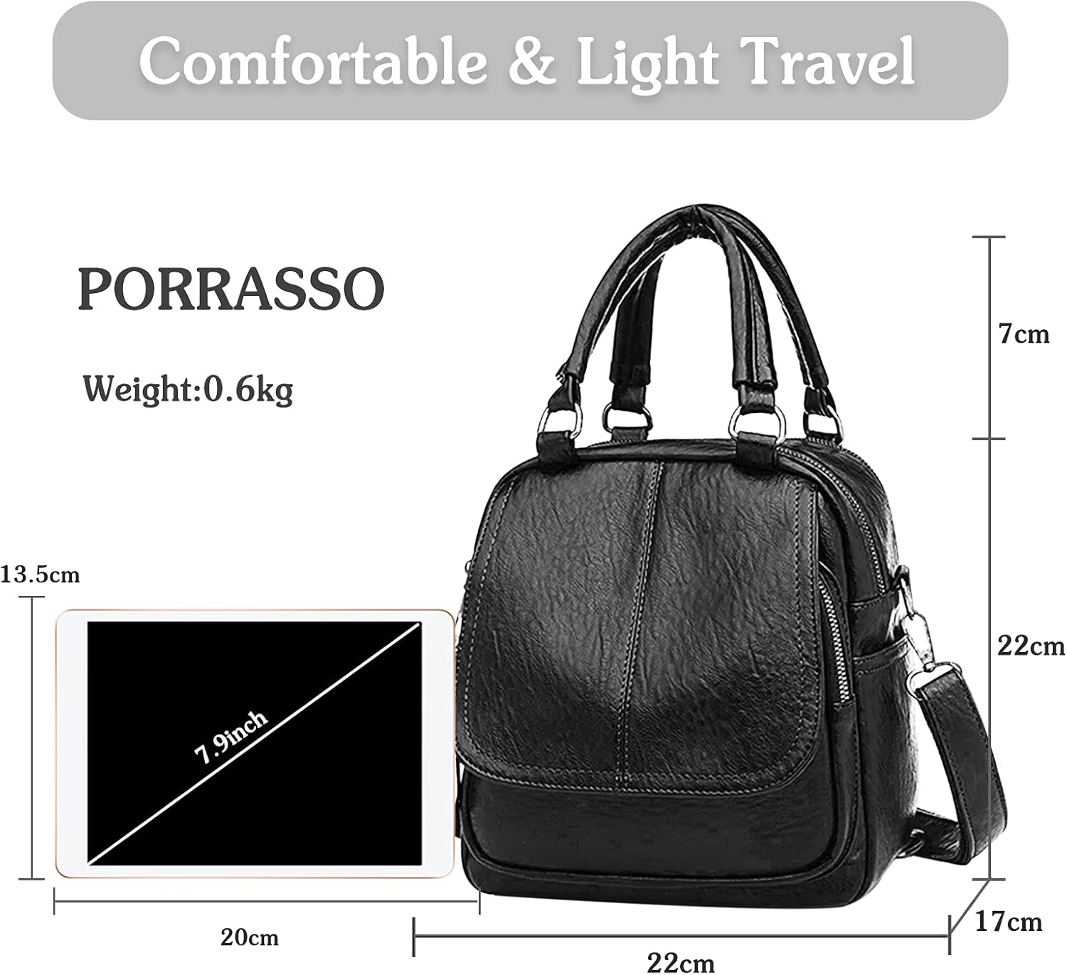 PORRASSO Backpack Purse Women Crossbody Bag Ladies Small Rucksack PU Waterproof Shoulder Bag Handbag Daypack for Travel Shopping Dating Black - Image 3