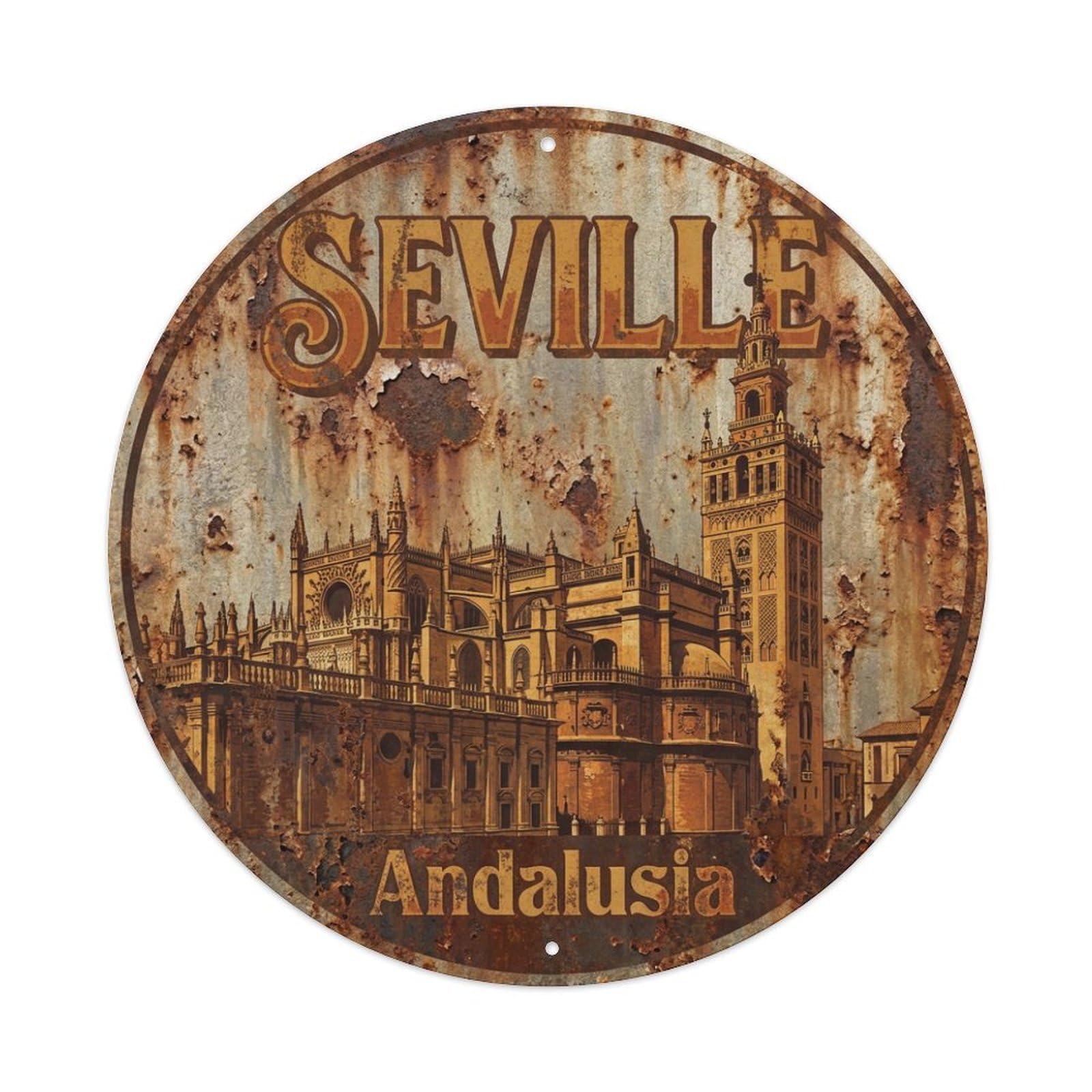 Vintage Travel Seville Spain Souvenir Vintage Metal Tin Sign Plaque Wall Decor for Cafe, Club Bar, Office, Garden Metal Poster 8x8Inch