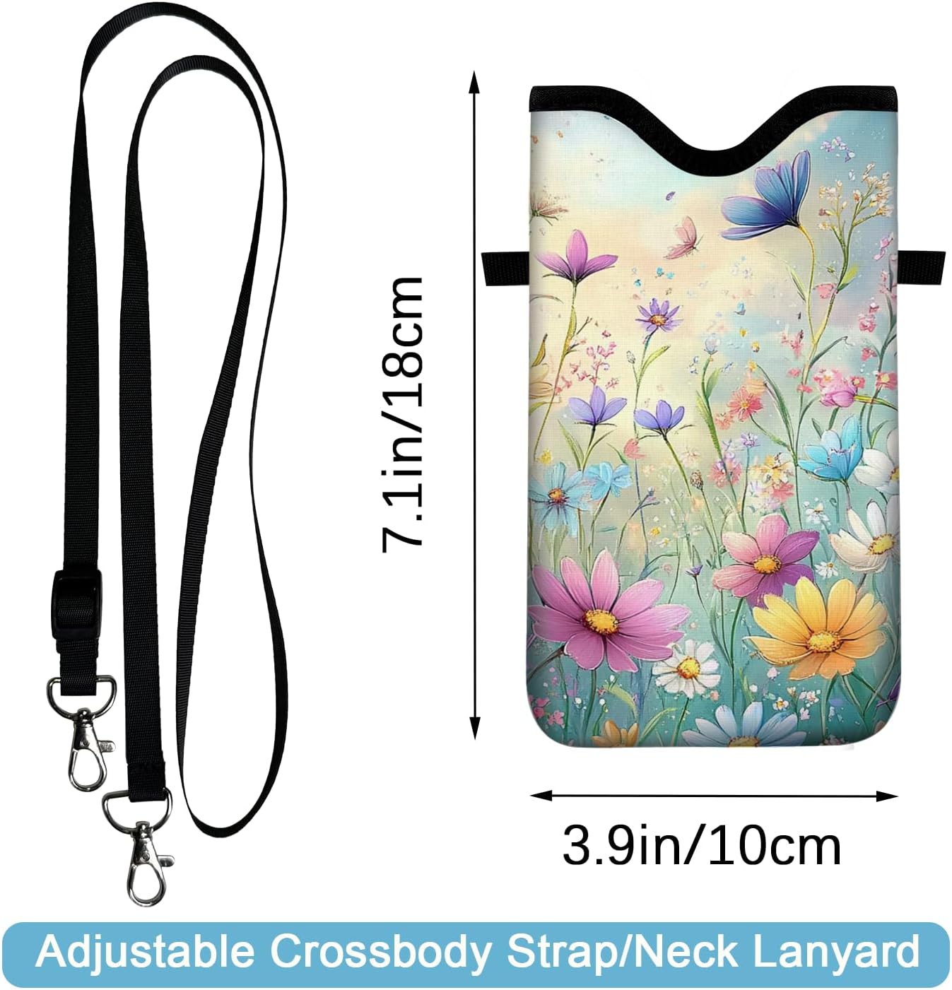 Neoprene Cell Phone Sleeve Pouch Case Bag with Crossbody Strap Neck Lanyard for Women 7.1 X 3.9 in Colorful Flowers - Image 2
