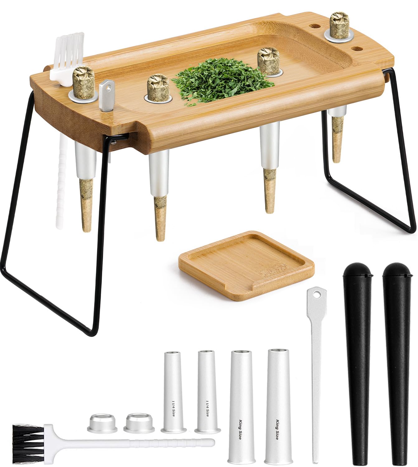 Foldable Wooden Rolling Tray Set with Cones Loader, Cone Filler - Rolling Tray with Cone Loader, Complete Rolling Tray Kit with Smell Proof Tube &amp; Pre-Roll Machine(Brown-Double Hole)