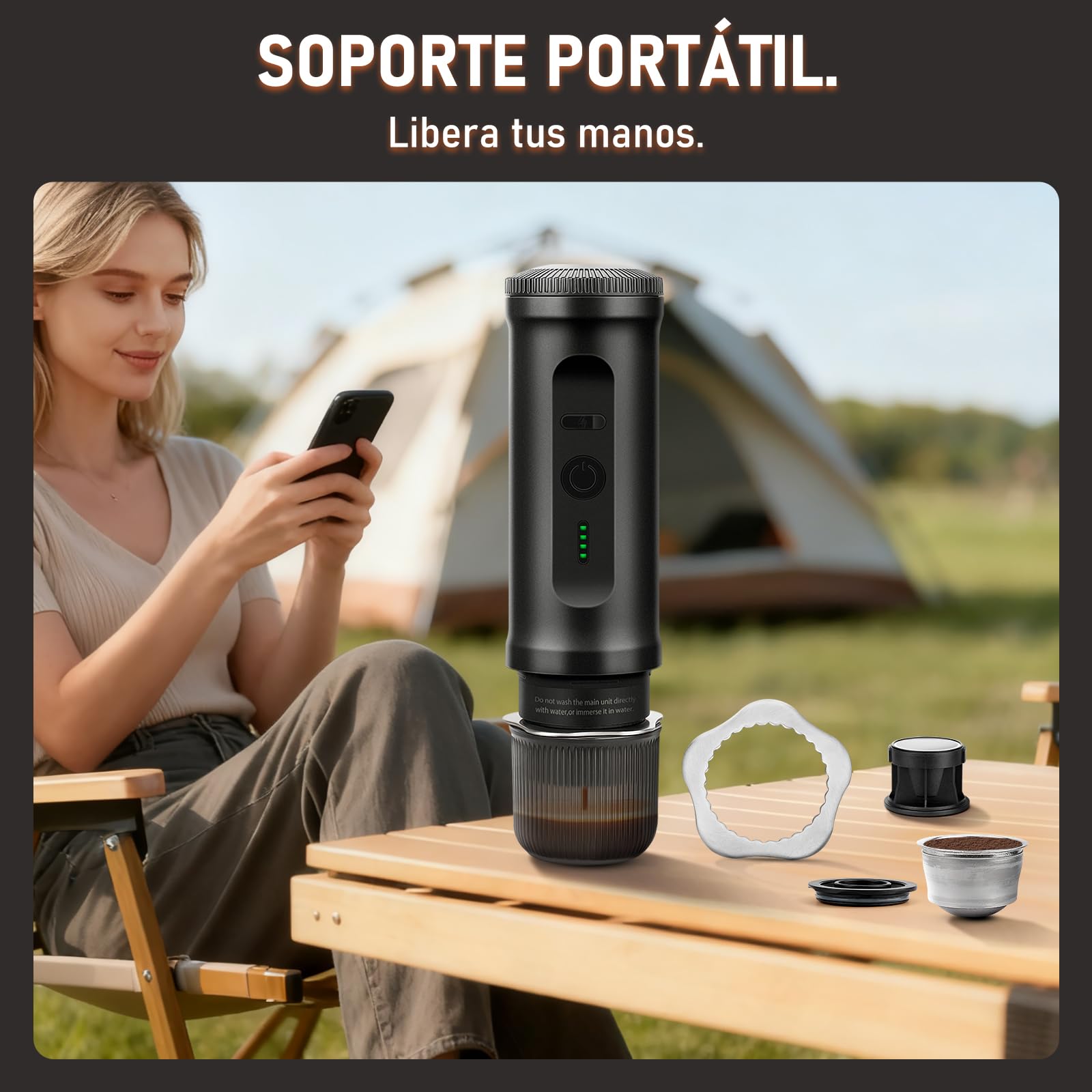 ICARE Cafetera Portatil, Compatible con Cápsulas NS y Café Molido, Calefacción Integrada, Carga Rápida USB-C, Indicador de Batería, Ideal para Acampadas, Senderismo, Viajes y Autocaravanas (Negro)