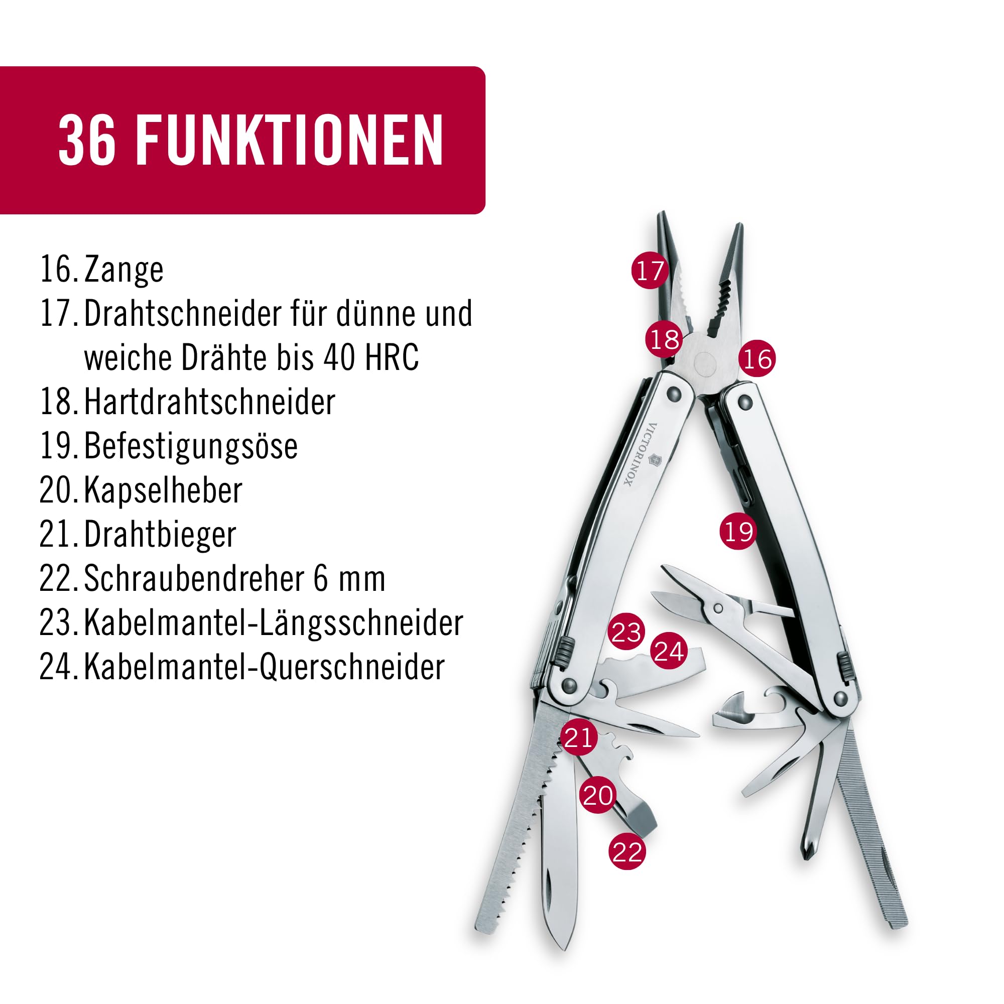 Victorinox Multifunktionswerkzeug Swiss Tool Spirit X Plus Ratchet, 36 Funktionen, Swiss Made, Multitool mit Feststellklinge, Inkl. Leder-Etui, Silber