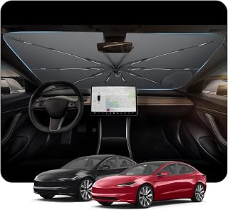 [2026 Upgrade] BSTW Sun Shade Windshield for Tesla Model 3 2018-2026 Drawstring Sunshade, Nano Silicone Coating, UV Protection, Heat Protection, Foldable Car Sun Shade