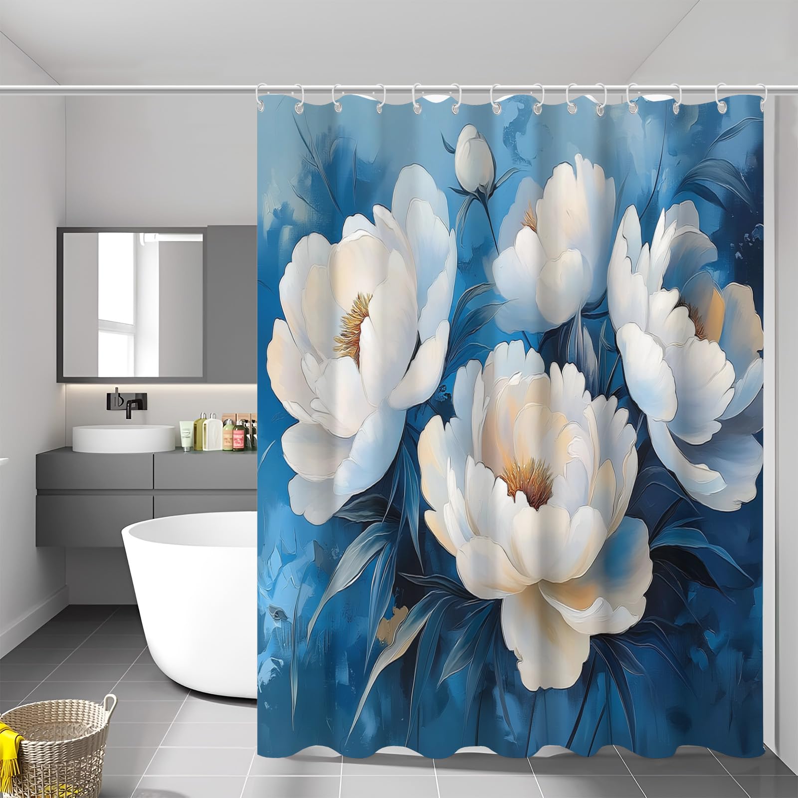 Rideau de douche pivoine blanche 180x180 cm fond bleu avec crochets