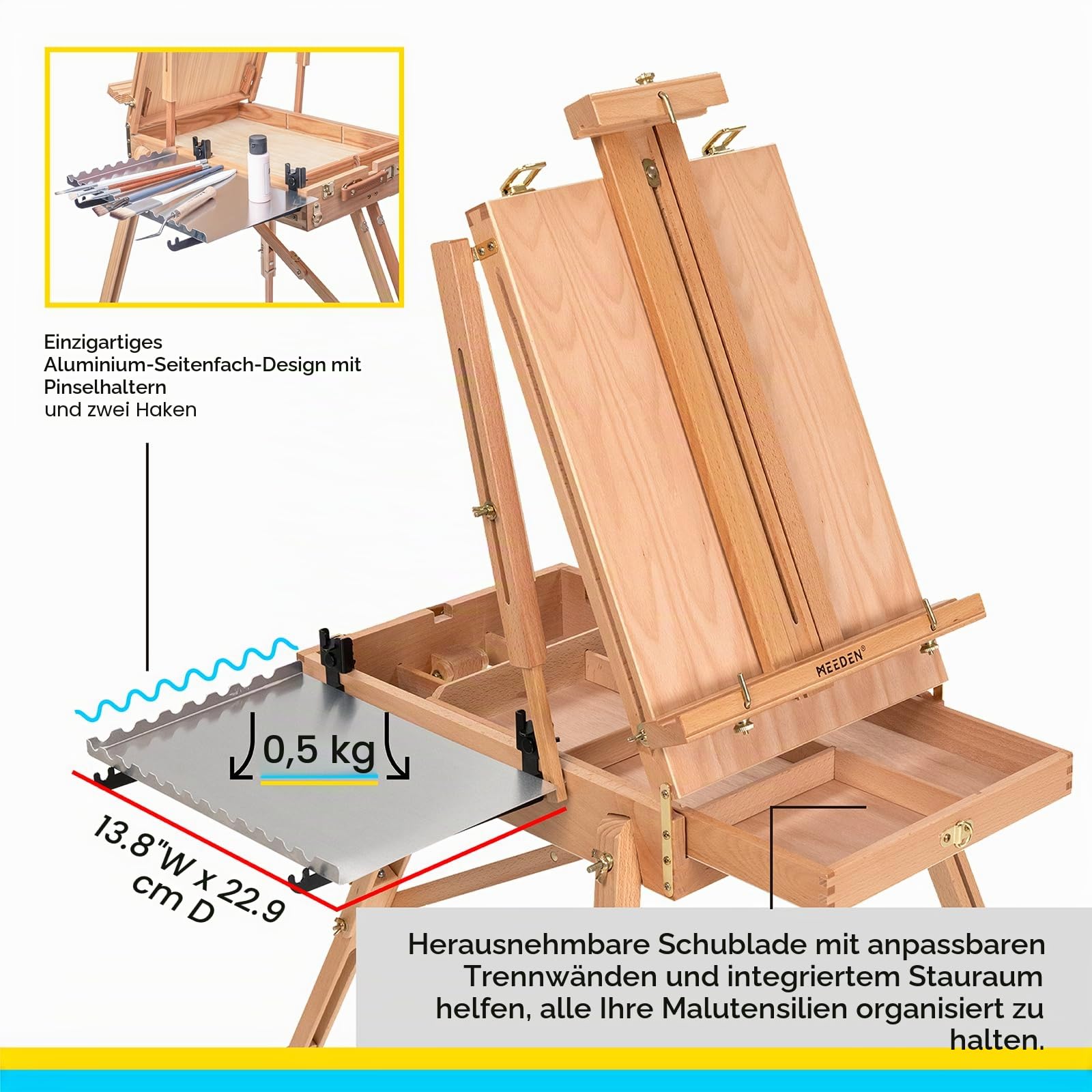 Meeden Staffelei Holz Groß, Französische Kofferstaffelei Kizzenkasten Staffelei, Kunststaffelei mit Schublade für Profis, Künstler und Malerei Unterwegs, Hält Leinwand bis zu 86,4cm