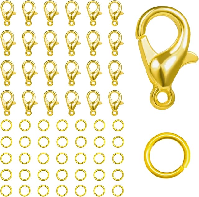 50 Pcs Lobster Claw Clasps with 100 Open Jump Rings - 7 x 12mm Gold Necklace Clasp, Metal Lobster Clasps for DIY Craft Bracelet Jewelry Making Necklace Bracelet Findings