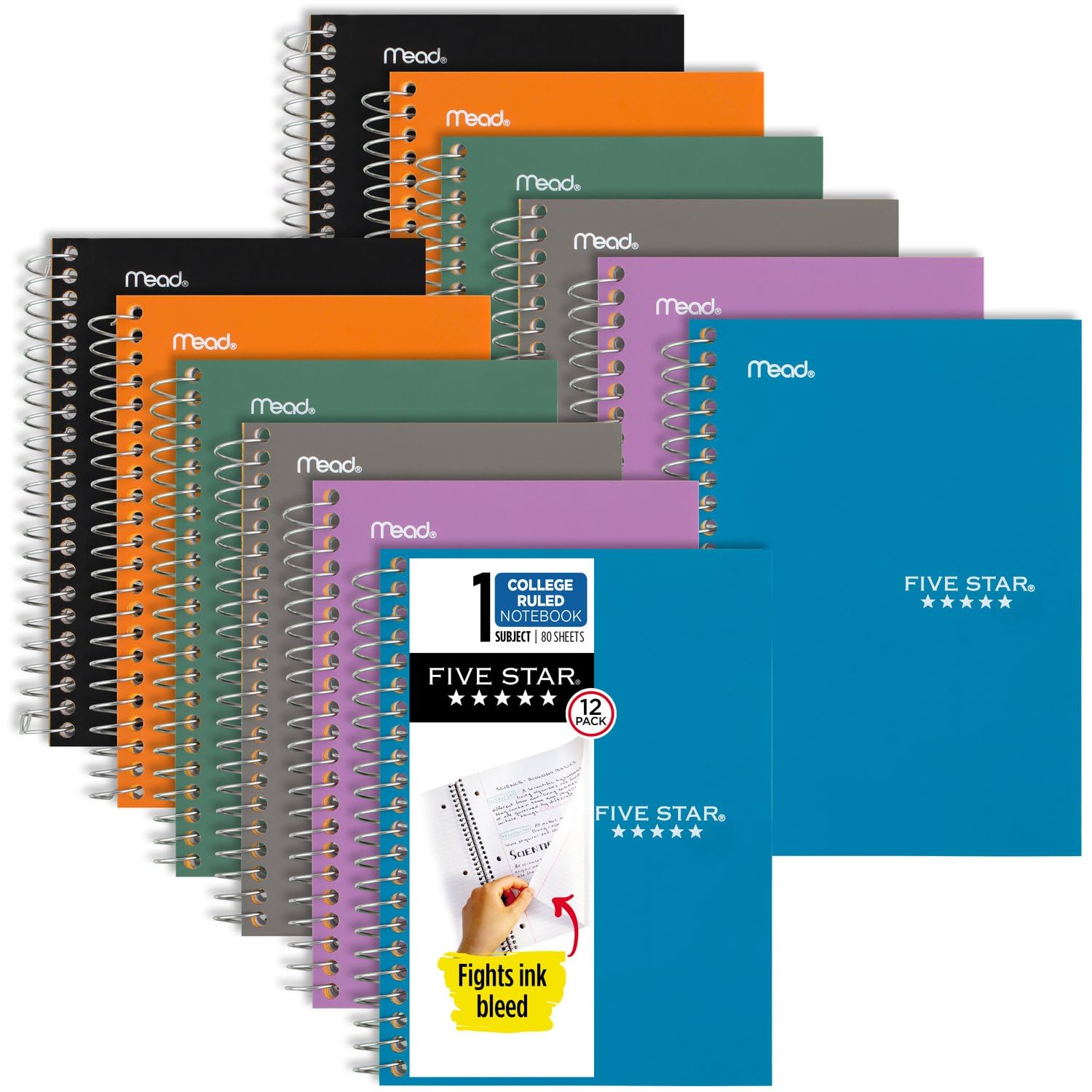 Five StarSpiral Notebooks, 12 Pack, 1 Subject, College Ruled Paper, 7" x 4 -/8", Personal Size, 80 Sheets, Purple, Orange, Green, Blue, Gray, Black (450048B-ECM)