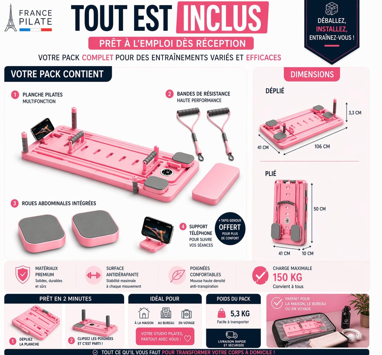 Pilates Reformer Pliable – Machine Pilates Maison Compacte avec Résistance Réglable, Planche Pilates Multifonction Full Body, Kit Accessoires Inclus + E-Book d’Exercices Offert