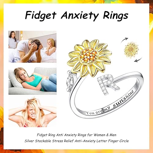 Miniatura 6 de Kucheed Anillos giratorios para mujeres, anillo giratorio de tamaño ajustable con diseño de girasol, anillo circular de dedo plateado apilable para