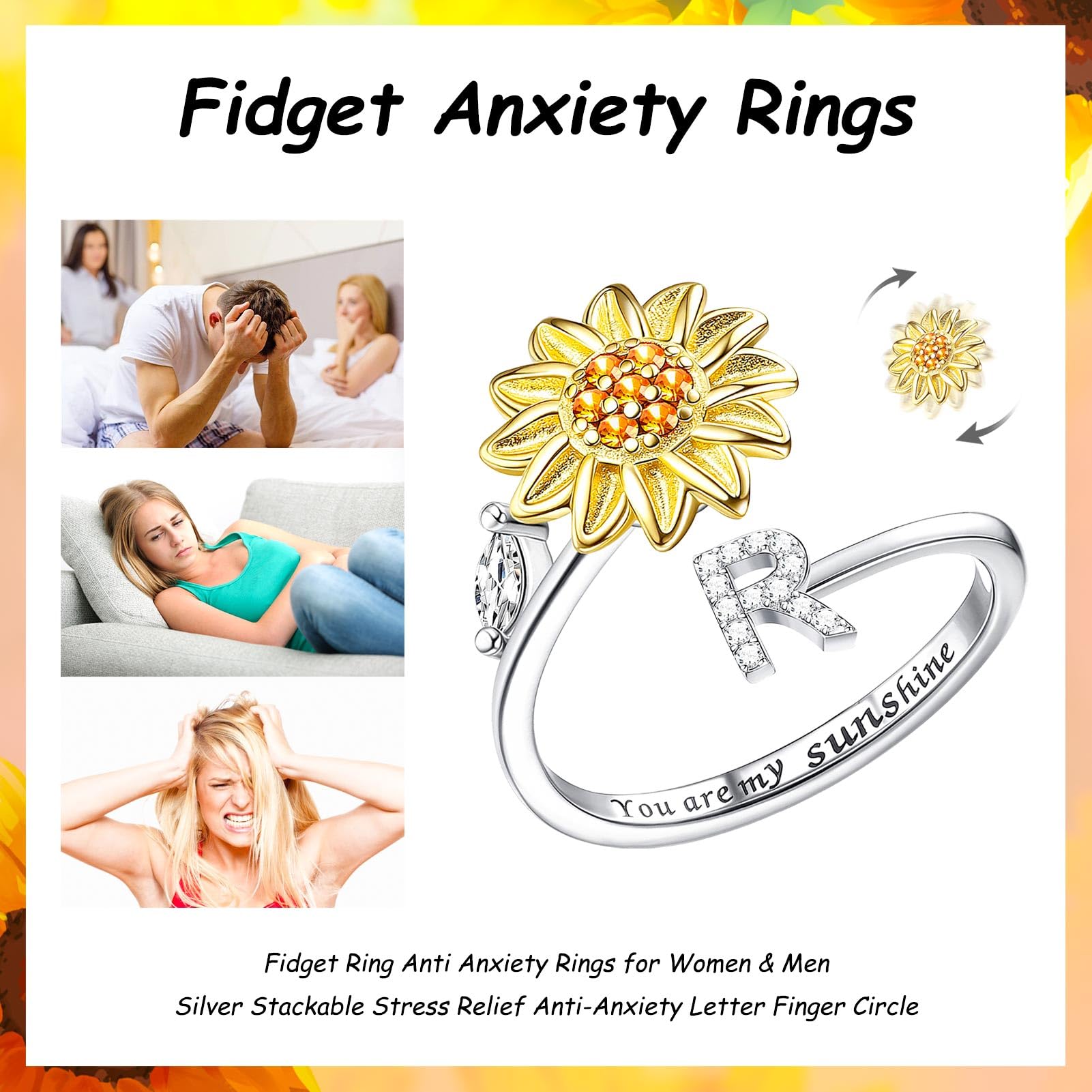 Fidget Rings Dla Kobiet, Kucheed Sunflower Regulowany Rozmiar Spinner Ring, Srebrny, Układany W Stosy, List Antystresowy,Kółko Na Palec, Wygrawerowane 'You Are My Sunshine'Wewnątrz Biżuterii