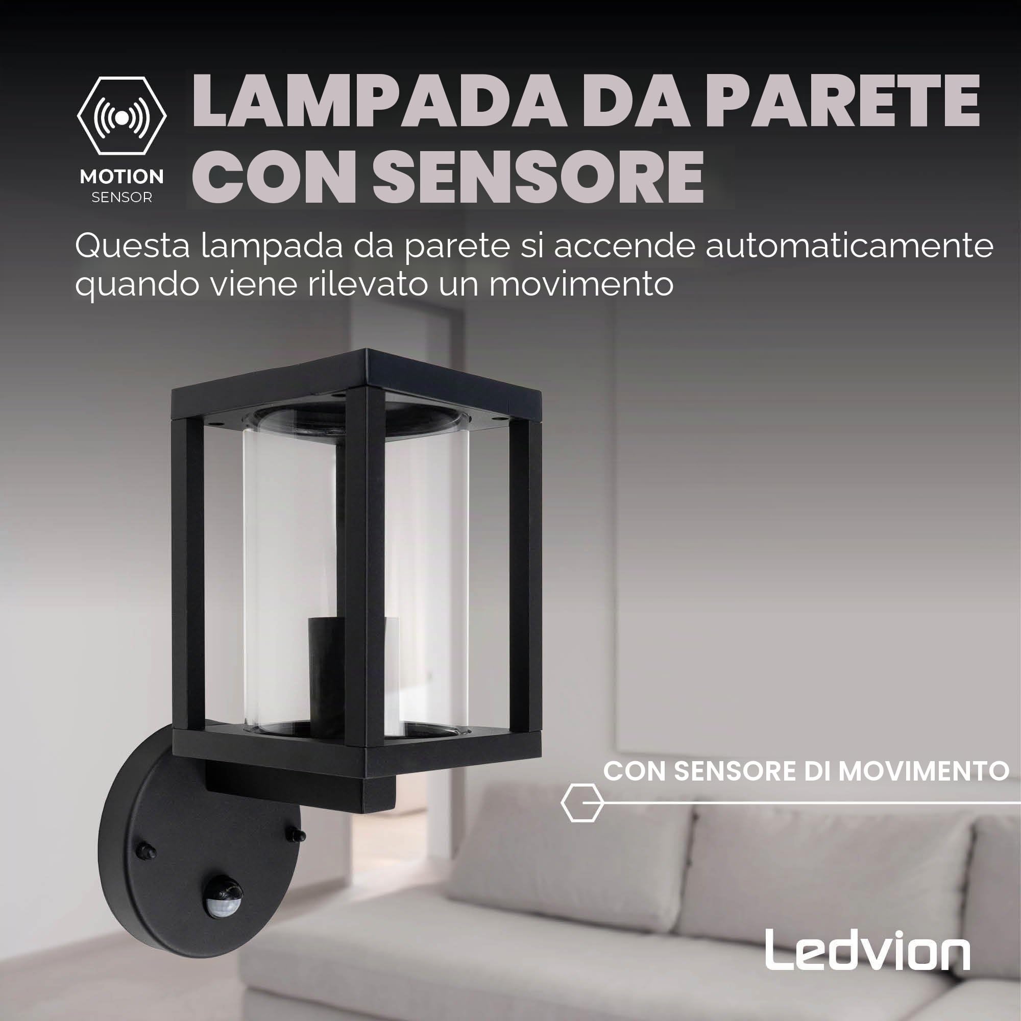 Ledvion - Lampada a Parete Nero, IP44, E27, Sensore di Movimento, Esterno