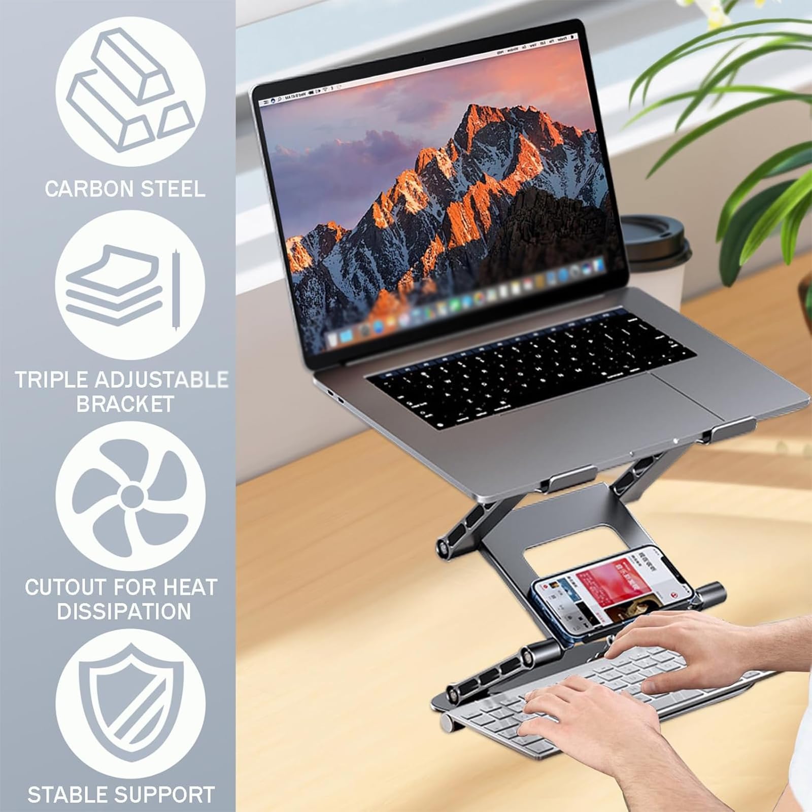 Podstawka na laptopa, ergonomiczna podstawka na laptopa, składana podstawka na laptopa o trzech poziomach, stalowa, wytrzymuje 4 kg, do czytania i łatwego przenoszenia,o przekątnej 10-17,3 cala