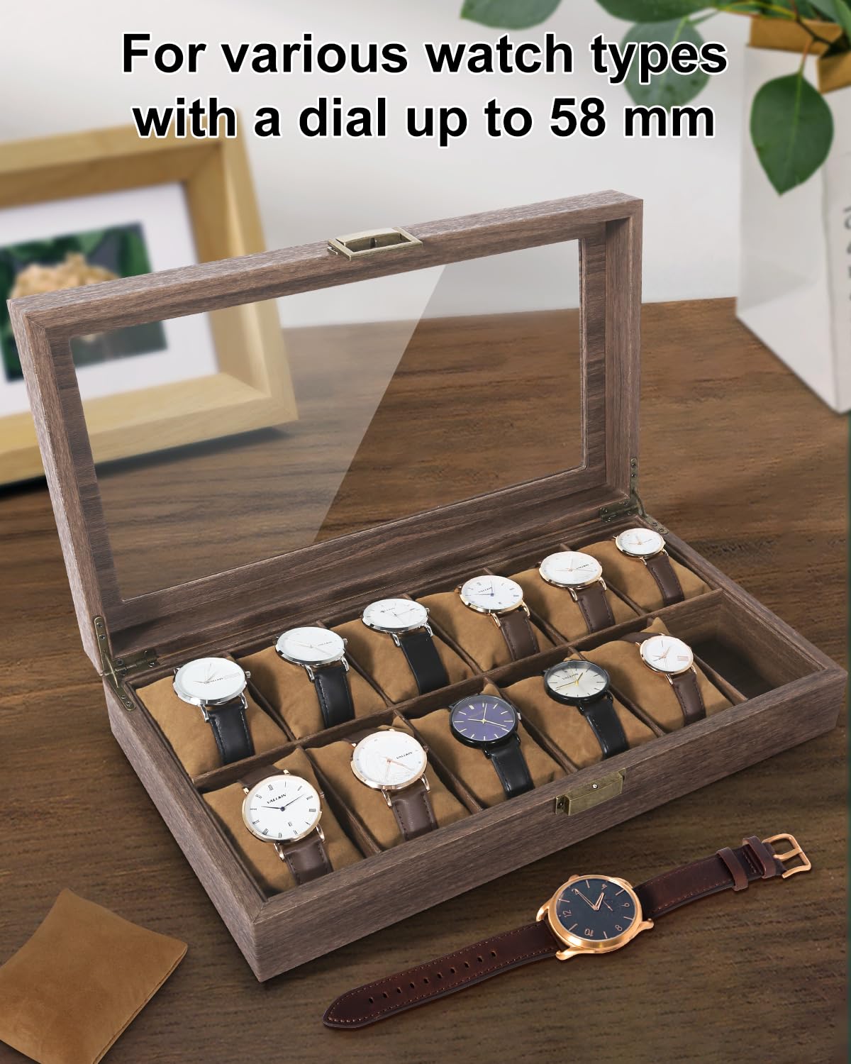 Uten Porta Orologi a 12 Scomparti, Scatola per Orologi con Cuscinetti Rimovibili, Venatura del Legno Pelle PU, Fibbia in Metallo, Interno Marrone, Scatola Portagioielli per Orologi Uomo e Donna