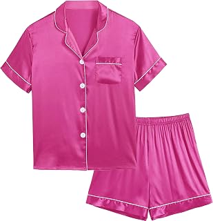 Satin Silk Pajamas for Girls Boys Button-Down Pjs Sets Two-Piece Lounge Sets Classic Silk Sleepwear
