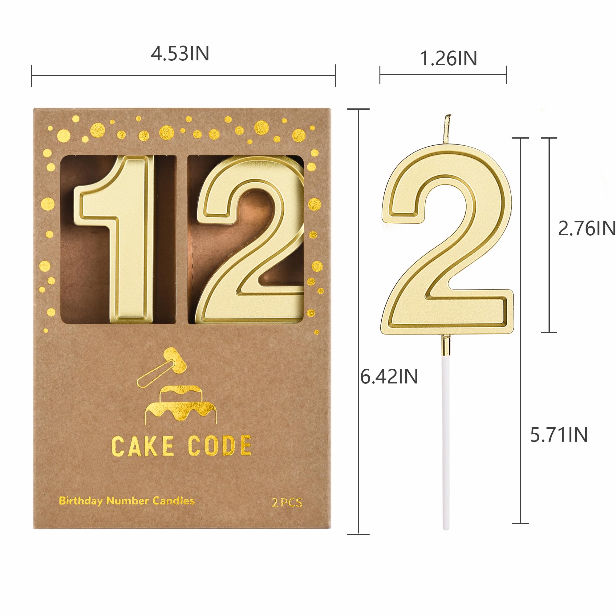 Bougies d'anniversaire en forme de chiffre 12 de 7,76 pouces Roma or, bougies en nombre doré, bougies de chiffre de gâteau, bougies de fête