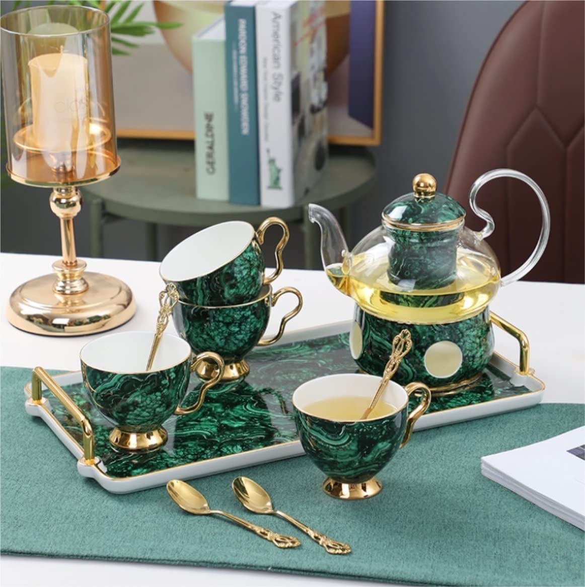 Zestaw Herbaty 6 Sztuka Brytyjska Luksusowa Ceramika Zestaw Do Herbaty Z Tacą Kawy Świeca Ogrzewanie Szklany Imbryk Garnek Filiżanek Coffeeware 600ml Dzbanek do Filiżanki