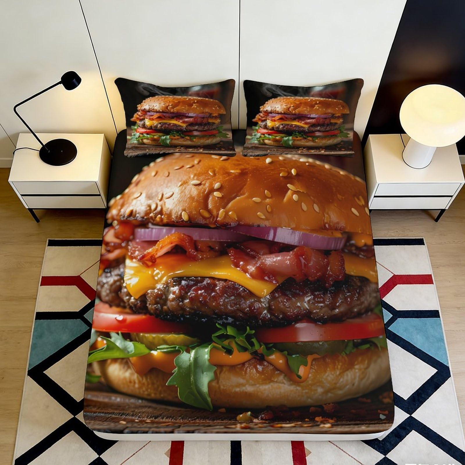 3D Printed Juicy Burger Fitted Sheet Microfiber Non Slip Fun Cheeseburger Bed Cover for Bedroom Dorm Easy Care 200x200x25cm