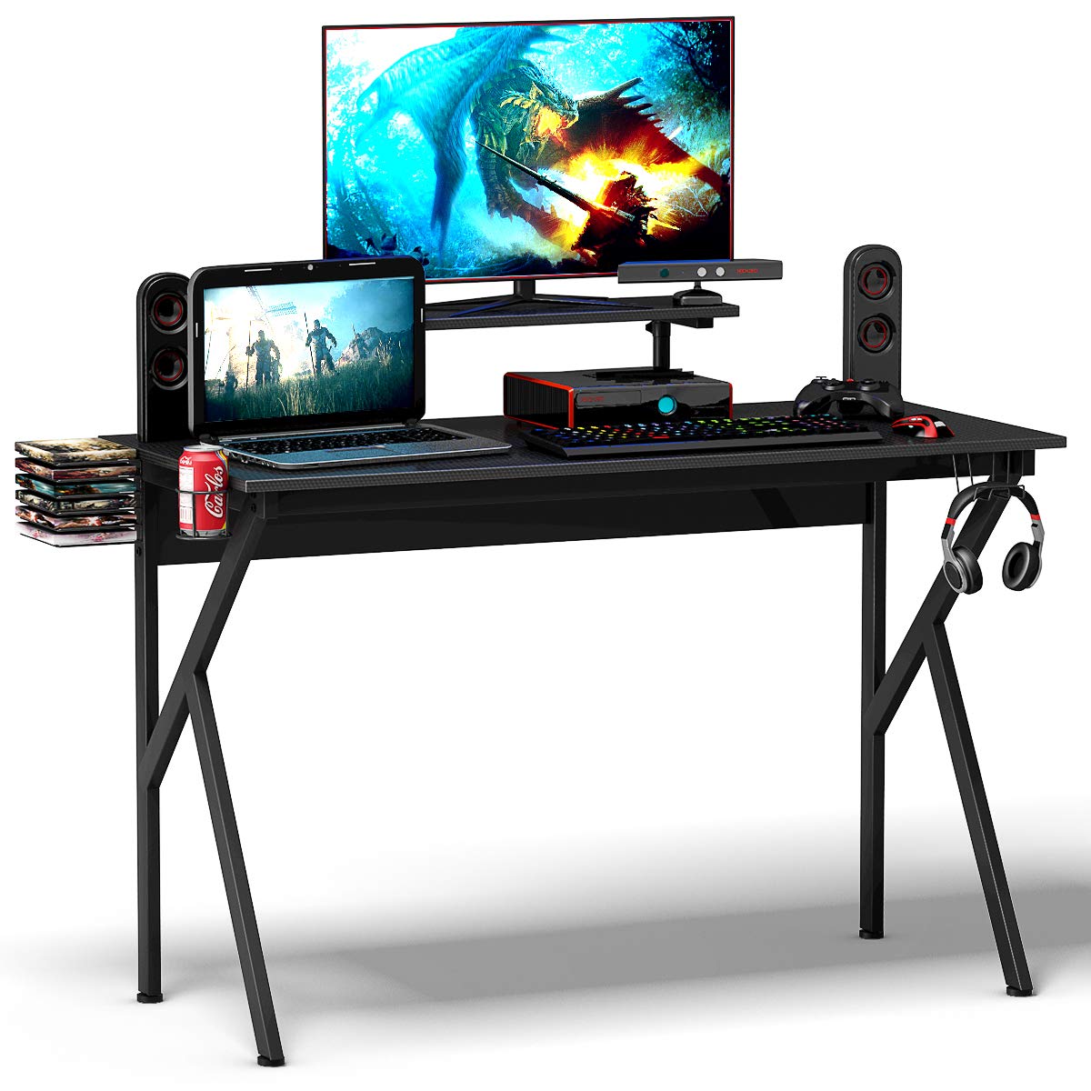 COSTWAY Gaming Computer Desk with Monitor Shelf, Audio Stand, Cup Holder and Headphone Hook, K-Shaped Adjustable Ergonomic PC Racing Table Study Workstation for Home Office