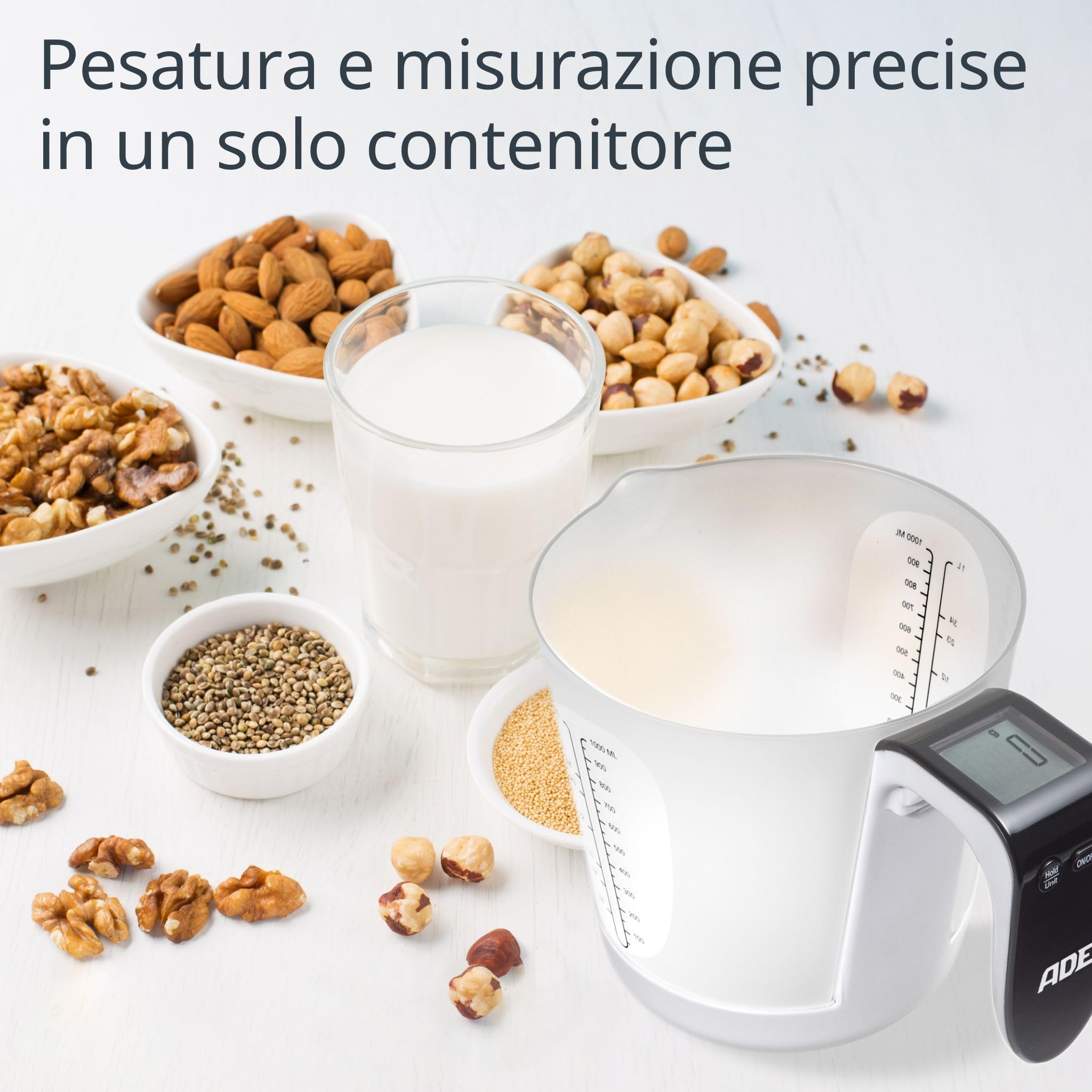 ADE Bilance Graduate Digitali - Misurino con Bilancia | Bilance da Cucina con Misurino per Pesare & Misurare - Misurino Elettronico Bianco/Nero