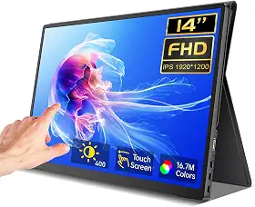 Monitor portátil com tela sensível ao toque de 14 polegadas 1200p, portátil, com capa protetora, CNC, metal, HDMI, USB C, monitores de viagem ultrafinos 100% sRGB para laptop, PC, Mac, telefone
