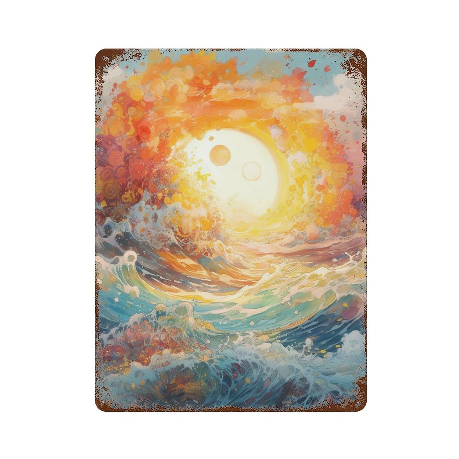 Ocean Wave Sunset Painting Retro Metal Sign 15.7"x11.8", Ideal for Basement, Hobby Room And Garage Decor