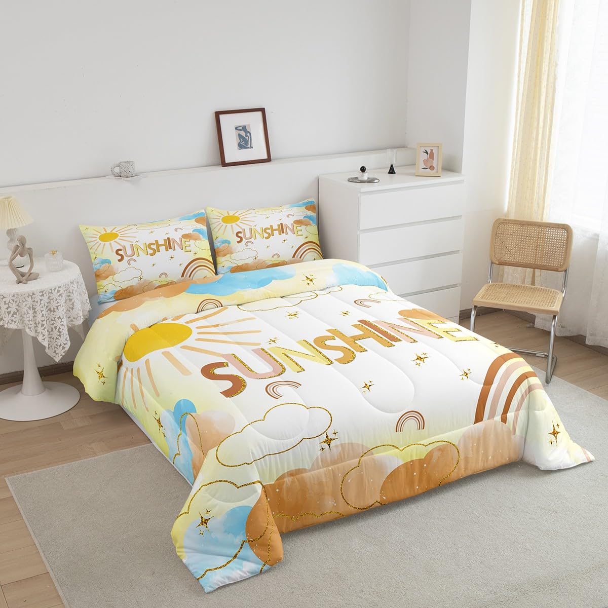 Manfei Rainbow Sky Comforter Sets Toddler Size,Boys Girls Glitter Starry Sky Bedding Sets,Cartoon Sun Cloud Quilted Duvet for Kids Teens Woman,Sunshine Sky Tie Dye Duvet Insert,1 Pillowcase