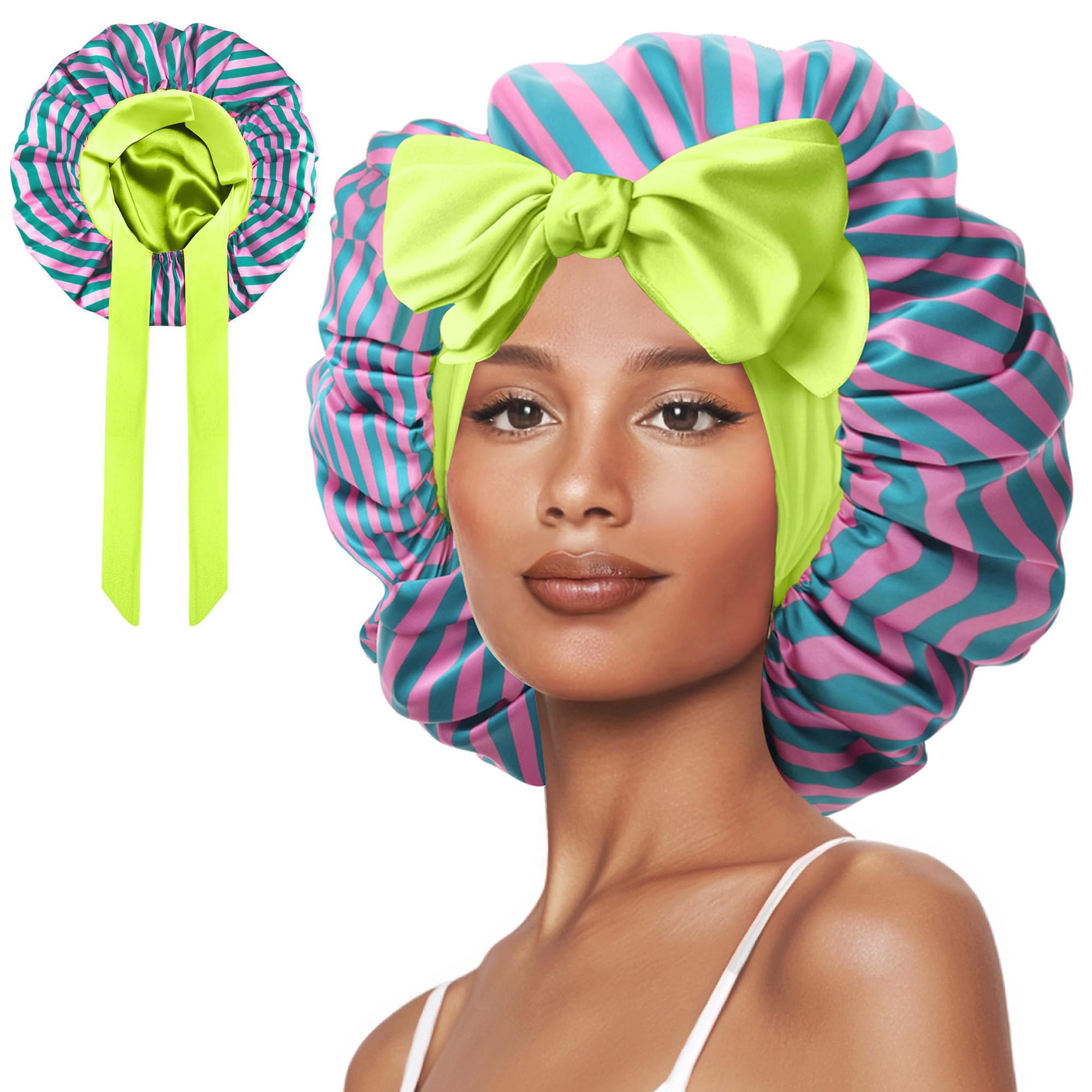Vettres Double Layer Silk Bonnet with Tie Satin Lined Sleep Cap Hair Cover for Women's Curly Natural Hair