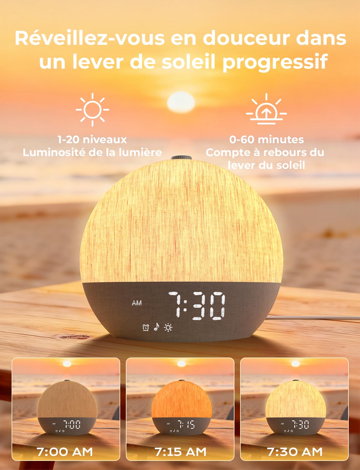 LIORQUE Reveil Lumineux Simulateur Aube, 30 Sons, Bluetooth, 17 Effets | Simulation 60min, Veilleuse 17 Effets 20 Niveaux, Minuteur 180min, Design Tissu, Ecran Extinction, Port Charge 5W