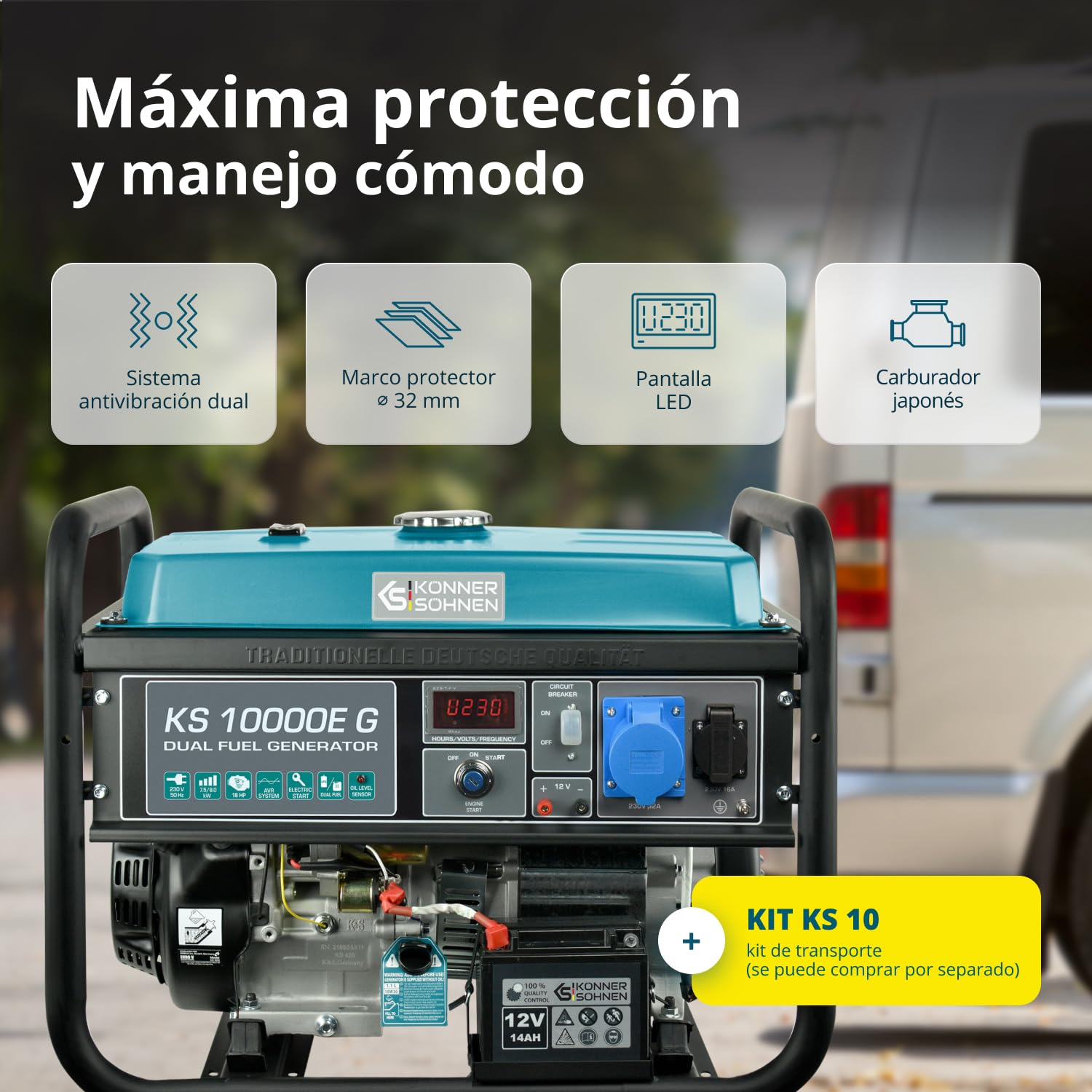 Könner & Söhner KS 10000E G - Generador de gasolina LPG híbrido de 4 tiempos, 7500 W, 1 generador de 16 A, 1 generador de 32 A, con regulador de voltaje automático de 230 V,