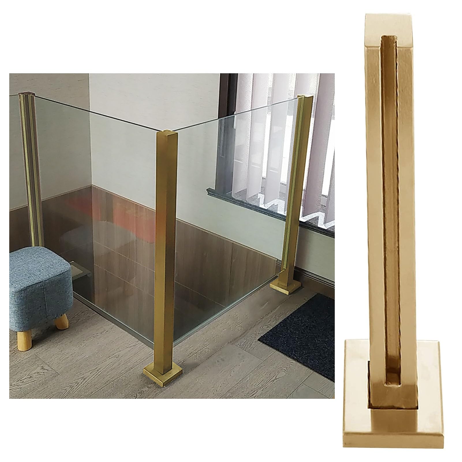 Gyeqxkt Gold-End Post Gold Glass Balustrade Handrail Kit For Indoor Modern Stair Deck Square Glass Panels Clamp Outdoor Balcony Guardrail Fence 130 End Post