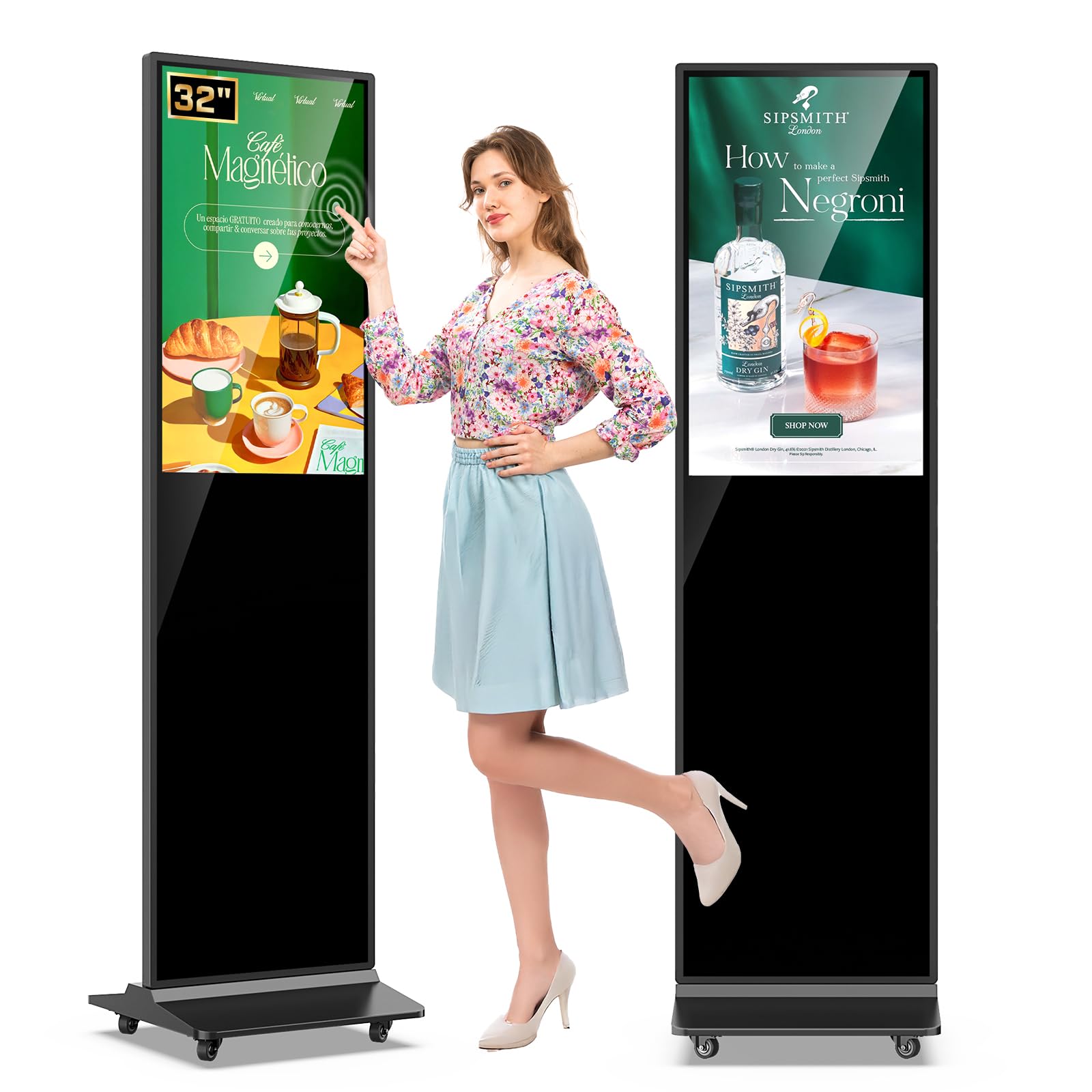 MWE 32 Inch Indoor Digital Signage Displays Touchscreen Kiosk Floor Standing Advertising Display LCD Poster Interactive Display Android System with Auto Media Player