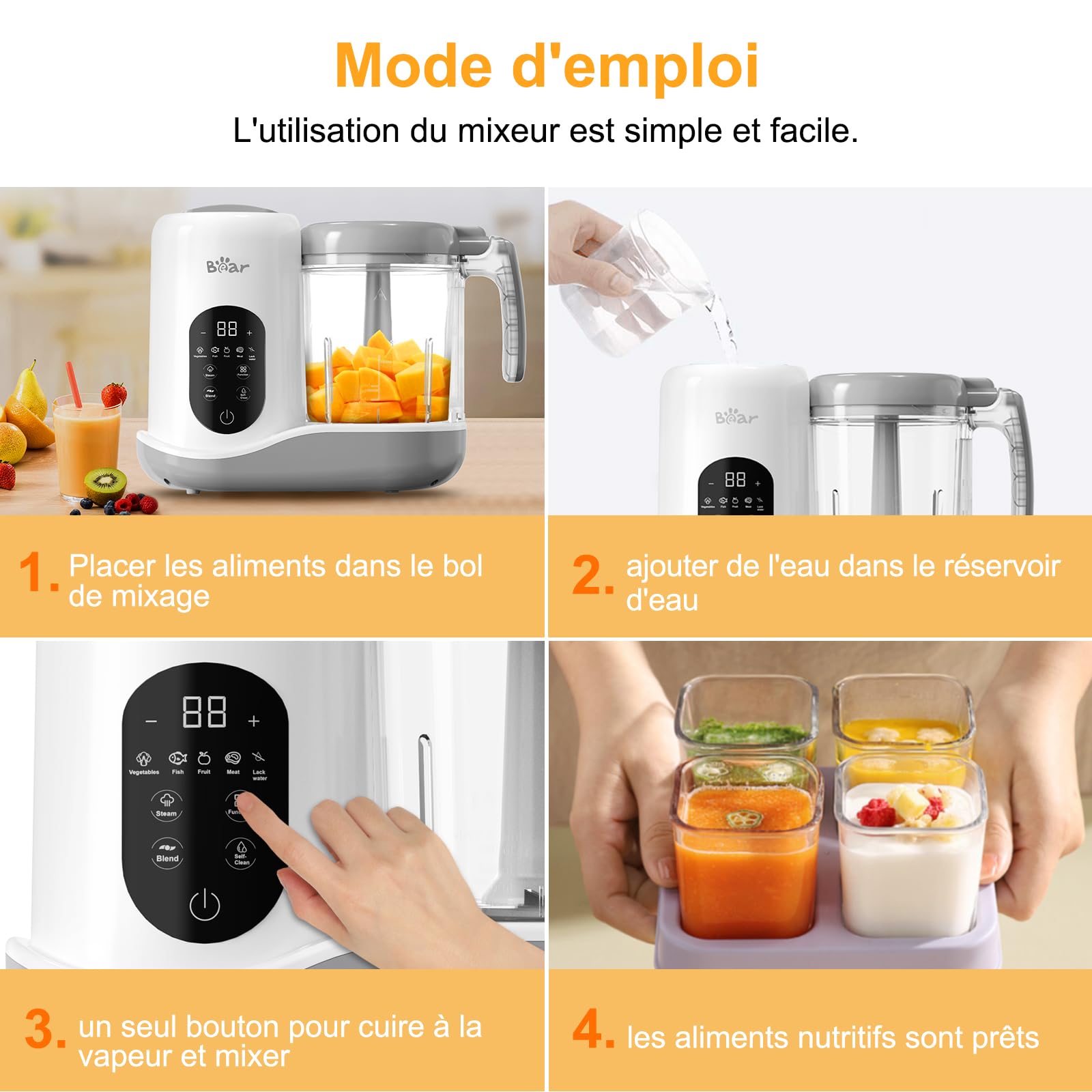 Bear Robot Cuiseur Mixeur pour Bébés,Une étape Cuiseur Mixeur Multifonctions 7-en-1 Maker Mixer, Cuisson automatique & Hachage,Fonction autonettoyante,Blanc