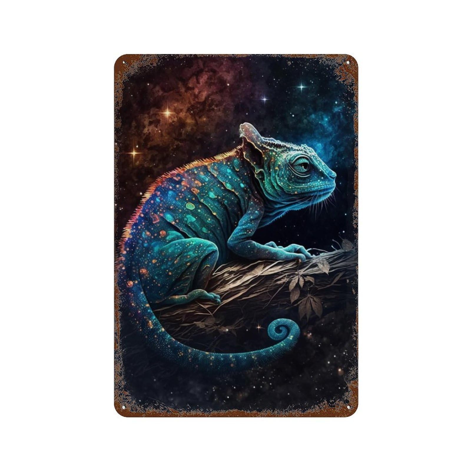 Weathered Tin Sign Cosmic Chameleon in Space 11.8"x7.9", Rustic Home Decor for Basement, Hobby Room And Garage Decor