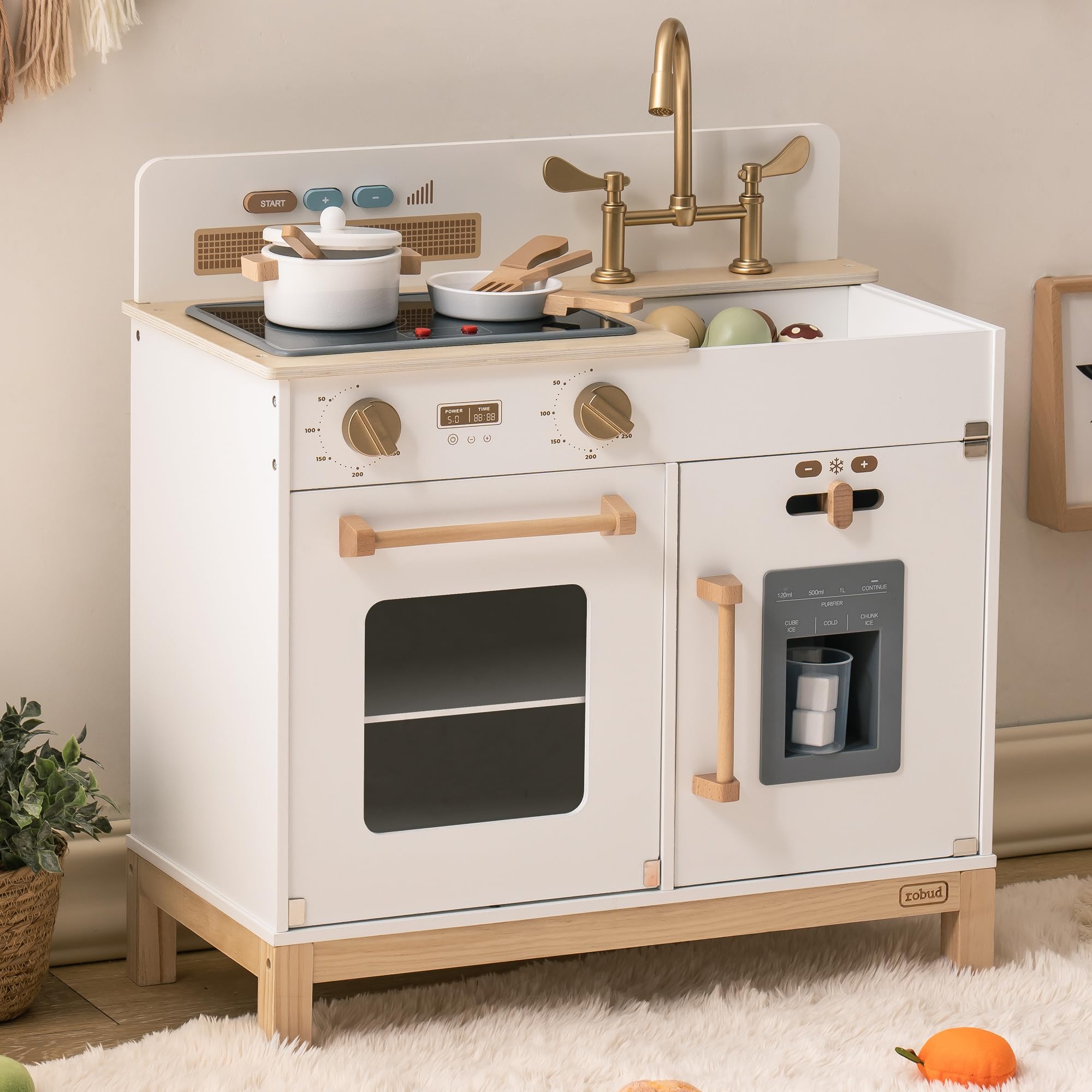 ROBUD Cuisine en Bois pour Enfants, Style Moderne, Blanc et Or, avec Four, Évier et Réfrigérateur, Accessoires de Cuisine Inclus
