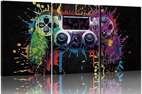 Ausril Juego de arte de pared en lienzo enmarcado con graffiti de Gamepad, decoración de pared para habitación de jugadores, pintura de pared con